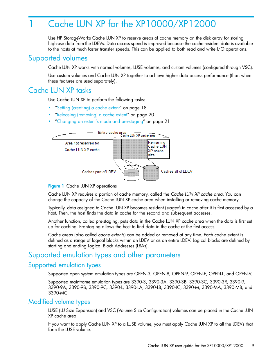 Cache lun xp for the xp10000/xp12000, Supported volumes, Cache lun xp tasks | Figure 1 cache lun xp operations, Supported emulation types and other parameters, Supported emulation types, Modified volume types, 1 cache lun xp for the xp10000/xp12000, 1 cache lun xp operations | HP StorageWorks XP Remote Web Console Software User Manual | Page 9 / 30