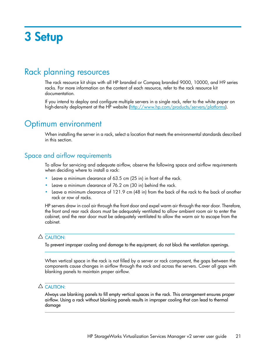 3 setup, Rack planning resources, Optimum environment | Space and airflow requirements, 21 optimum environment | HP SAN Virtualization Services Platform User Manual | Page 21 / 72