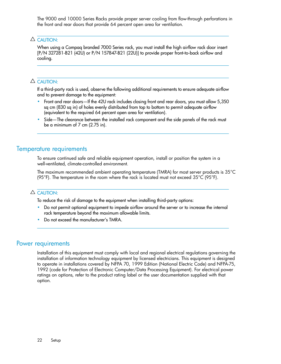 Temperature requirements, Power requirements, 22 power requirements | HP SAN Virtualization Services Platform User Manual | Page 22 / 72
