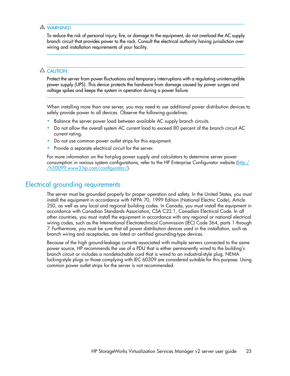 Electrical grounding requirements | HP SAN Virtualization Services Platform User Manual | Page 23 / 72