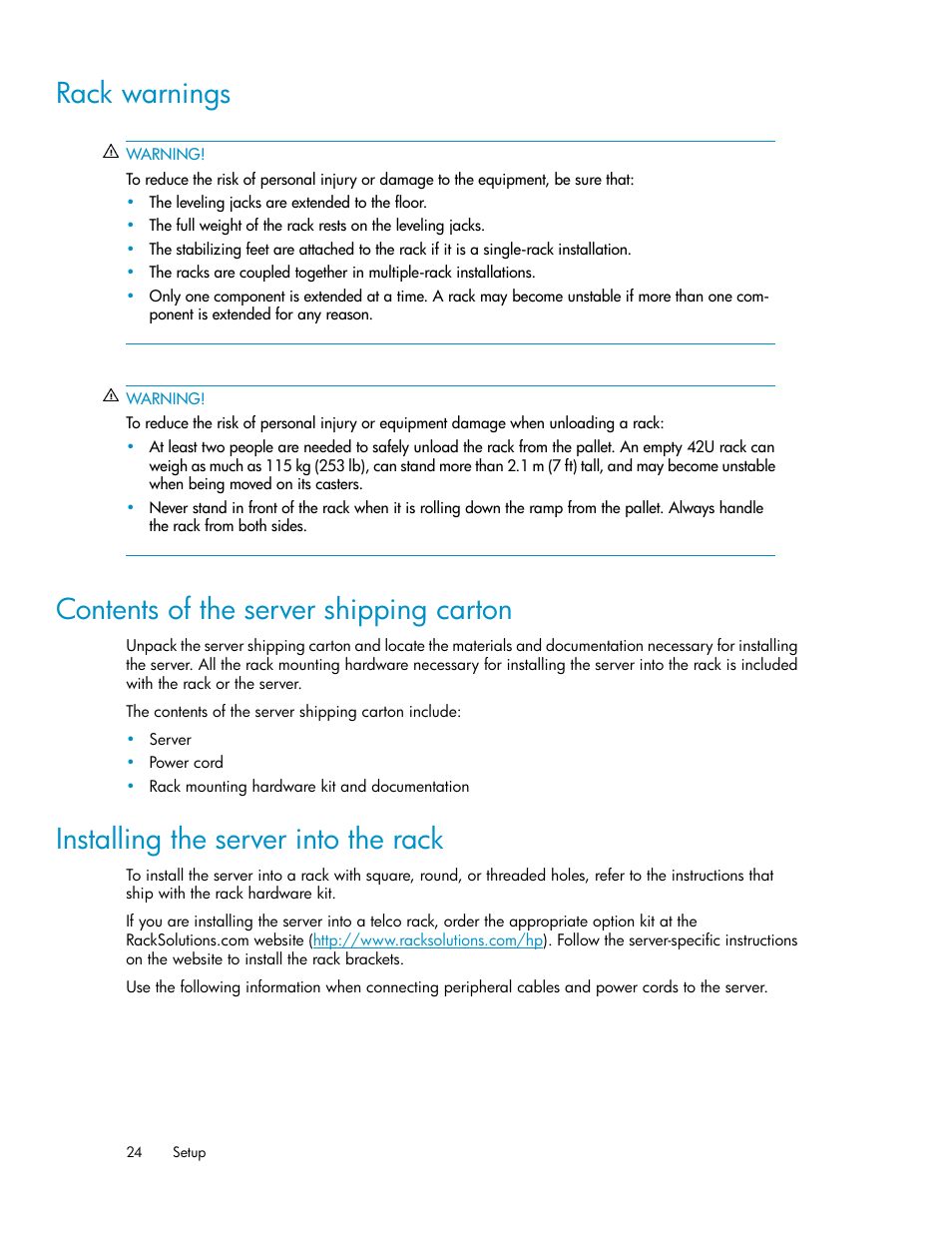 Rack warnings, Contents of the server shipping carton, Installing the server into the rack | 24 contents of the server shipping carton, 24 installing the server into the rack | HP SAN Virtualization Services Platform User Manual | Page 24 / 72
