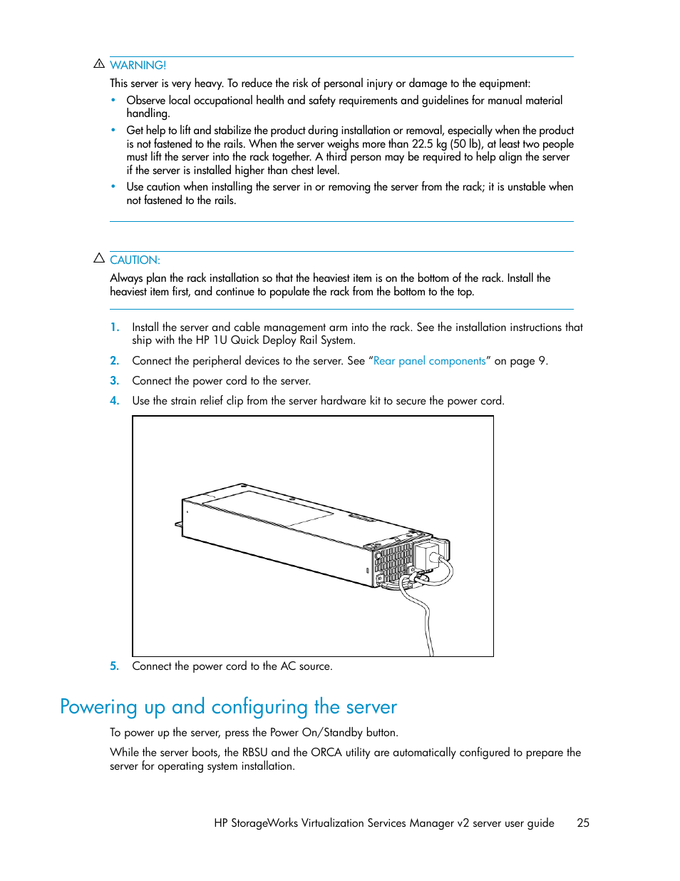 Powering up and configuring the server | HP SAN Virtualization Services Platform User Manual | Page 25 / 72