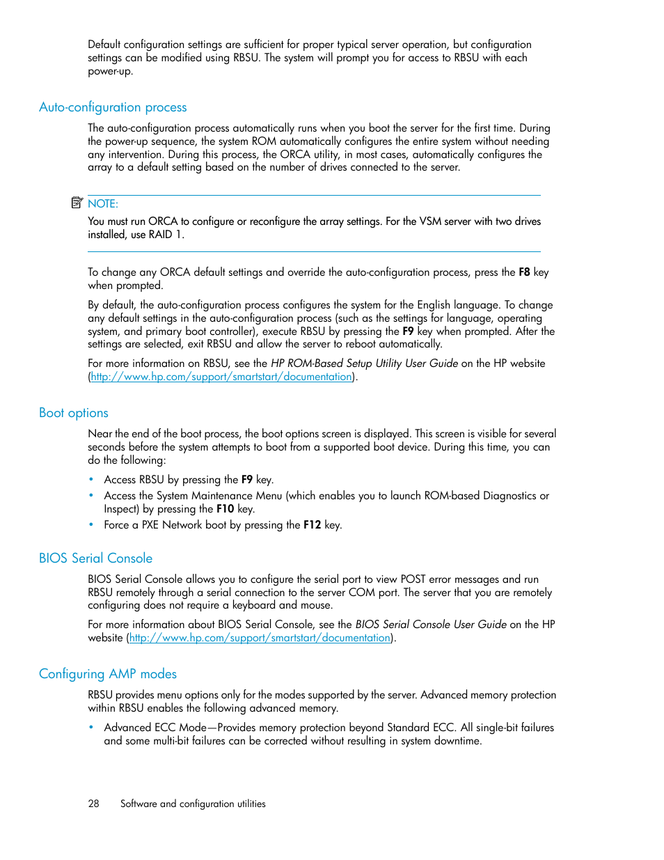 Auto-configuration process, Boot options, Bios serial console | Configuring amp modes, 28 boot options, 28 bios serial console, 28 configuring amp modes | HP SAN Virtualization Services Platform User Manual | Page 28 / 72