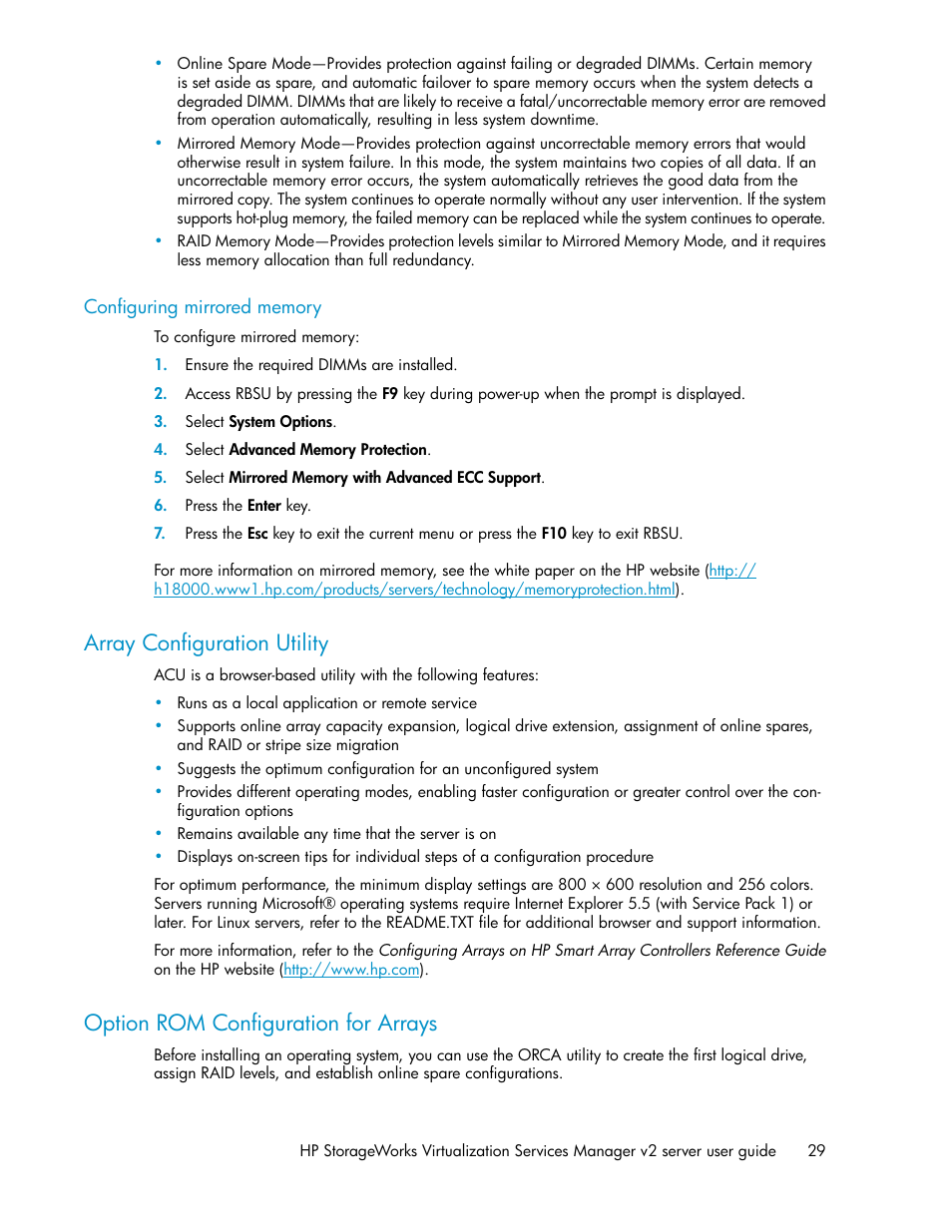 Configuring mirrored memory, Array configuration utility, Option rom configuration for arrays | 29 option rom configuration for arrays | HP SAN Virtualization Services Platform User Manual | Page 29 / 72