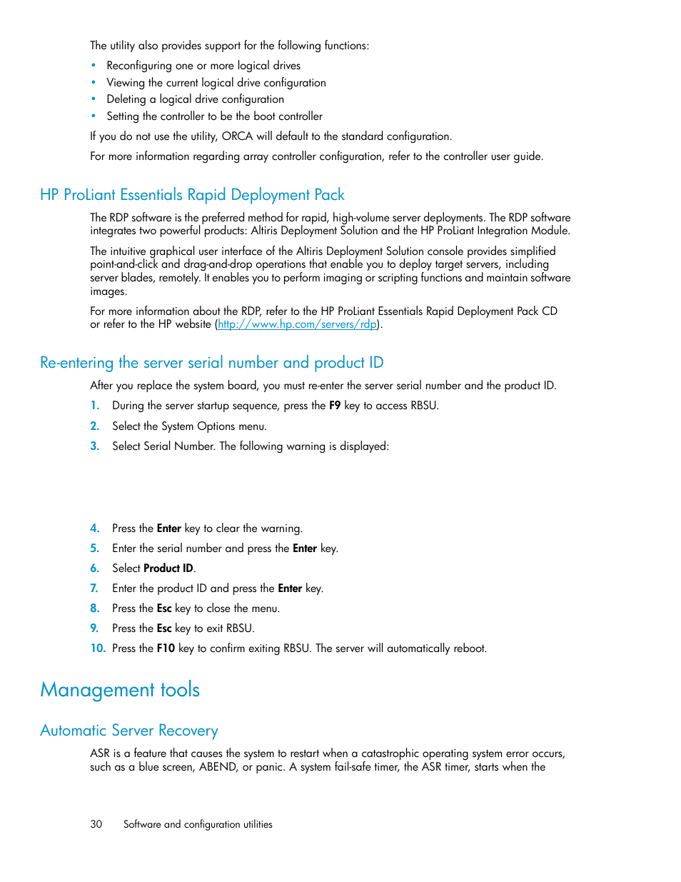 Hp proliant essentials rapid deployment pack, Management tools, Automatic server recovery | HP SAN Virtualization Services Platform User Manual | Page 30 / 72