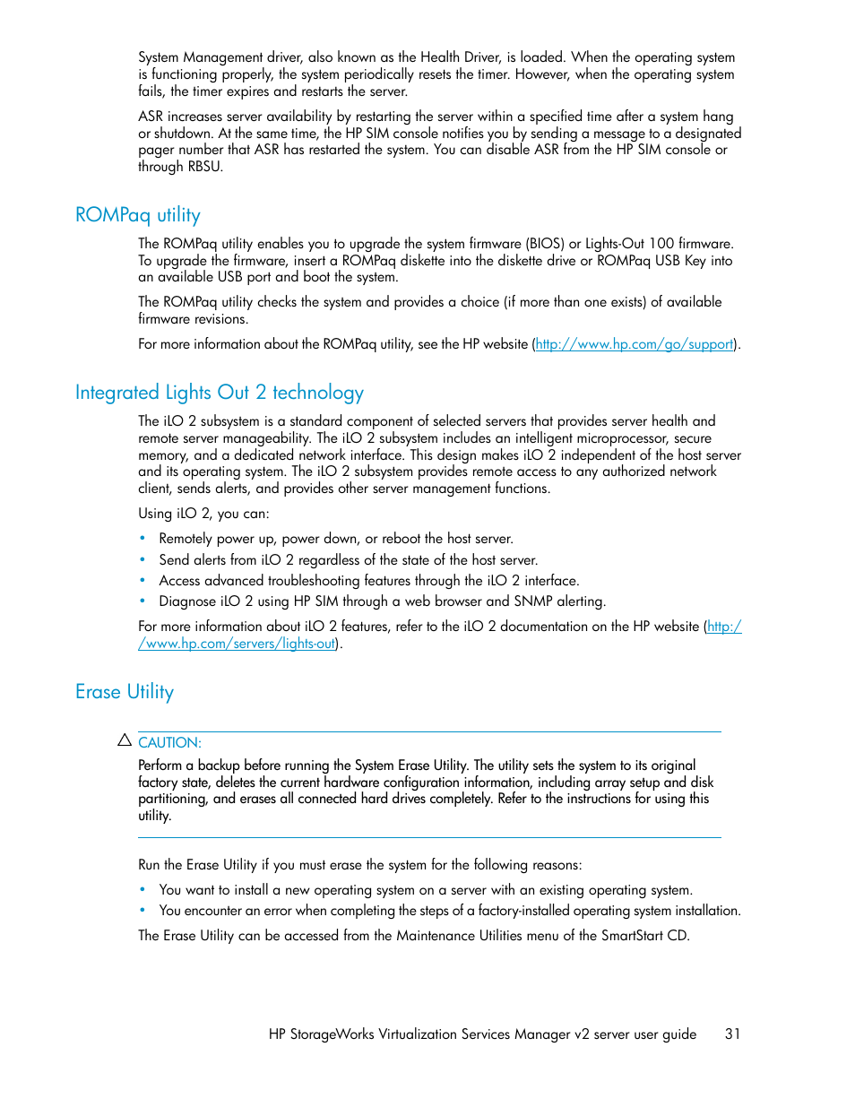 Rompaq utility, Integrated lights out 2 technology, Erase utility | 31 integrated lights out 2 technology, 31 erase utility | HP SAN Virtualization Services Platform User Manual | Page 31 / 72