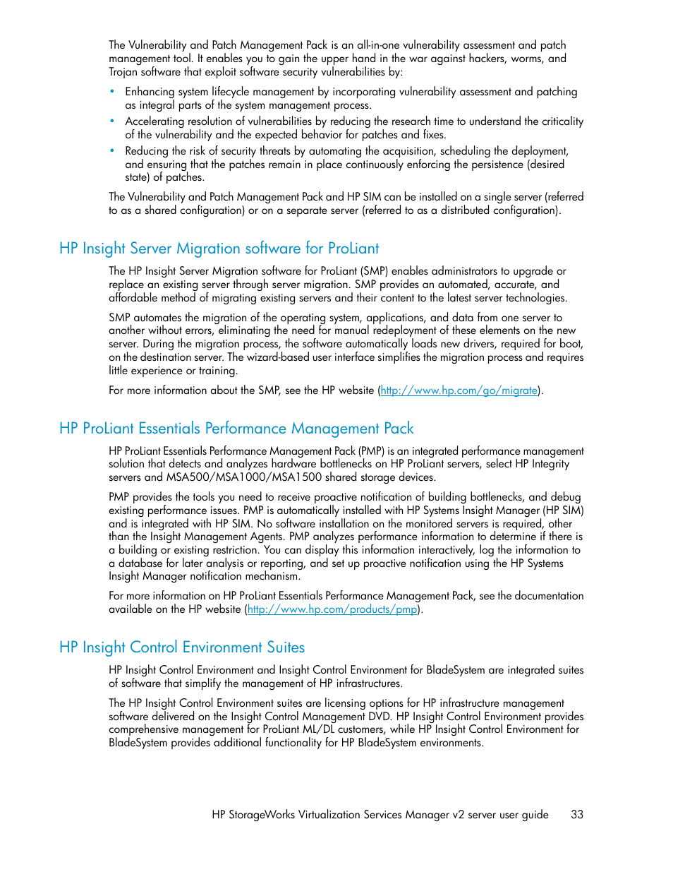 Hp insight server migration software for proliant, Hp proliant essentials performance management pack, Hp insight control environment suites | 33 hp insight control environment suites | HP SAN Virtualization Services Platform User Manual | Page 33 / 72