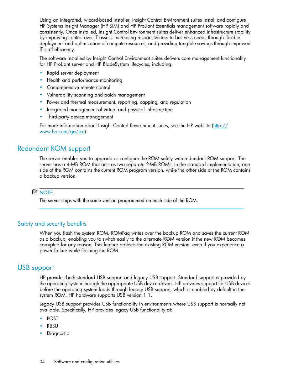 Redundant rom support, Safety and security benefits, Usb support | HP SAN Virtualization Services Platform User Manual | Page 34 / 72