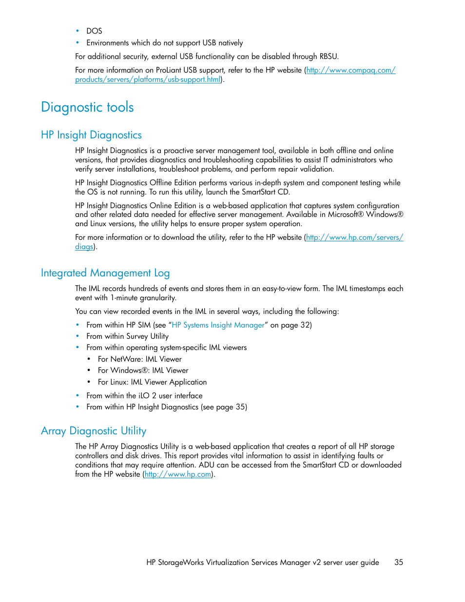 Diagnostic tools, Hp insight diagnostics, Integrated management log | Array diagnostic utility, 35 integrated management log, 35 array diagnostic utility | HP SAN Virtualization Services Platform User Manual | Page 35 / 72