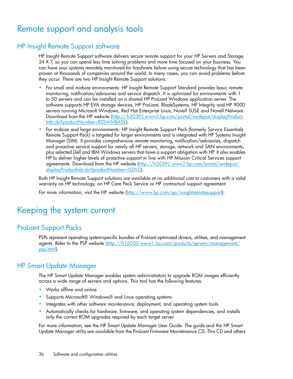 Remote support and analysis tools, Hp insight remote support software, Keeping the system current | Proliant support packs, Hp smart update manager, 36 hp smart update manager | HP SAN Virtualization Services Platform User Manual | Page 36 / 72