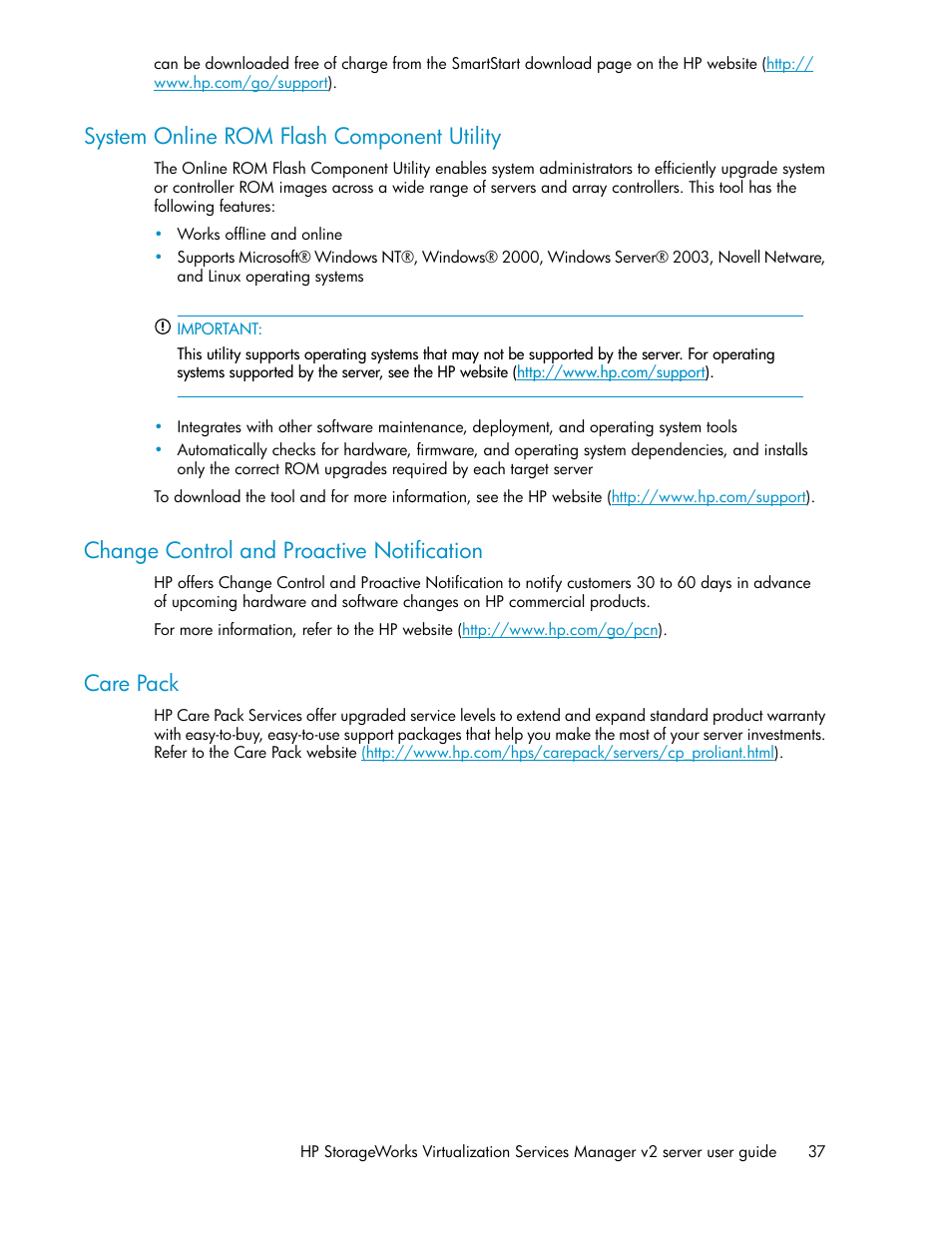 System online rom flash component utility, Change control and proactive notification, Care pack | 37 change control and proactive notification, 37 care pack | HP SAN Virtualization Services Platform User Manual | Page 37 / 72