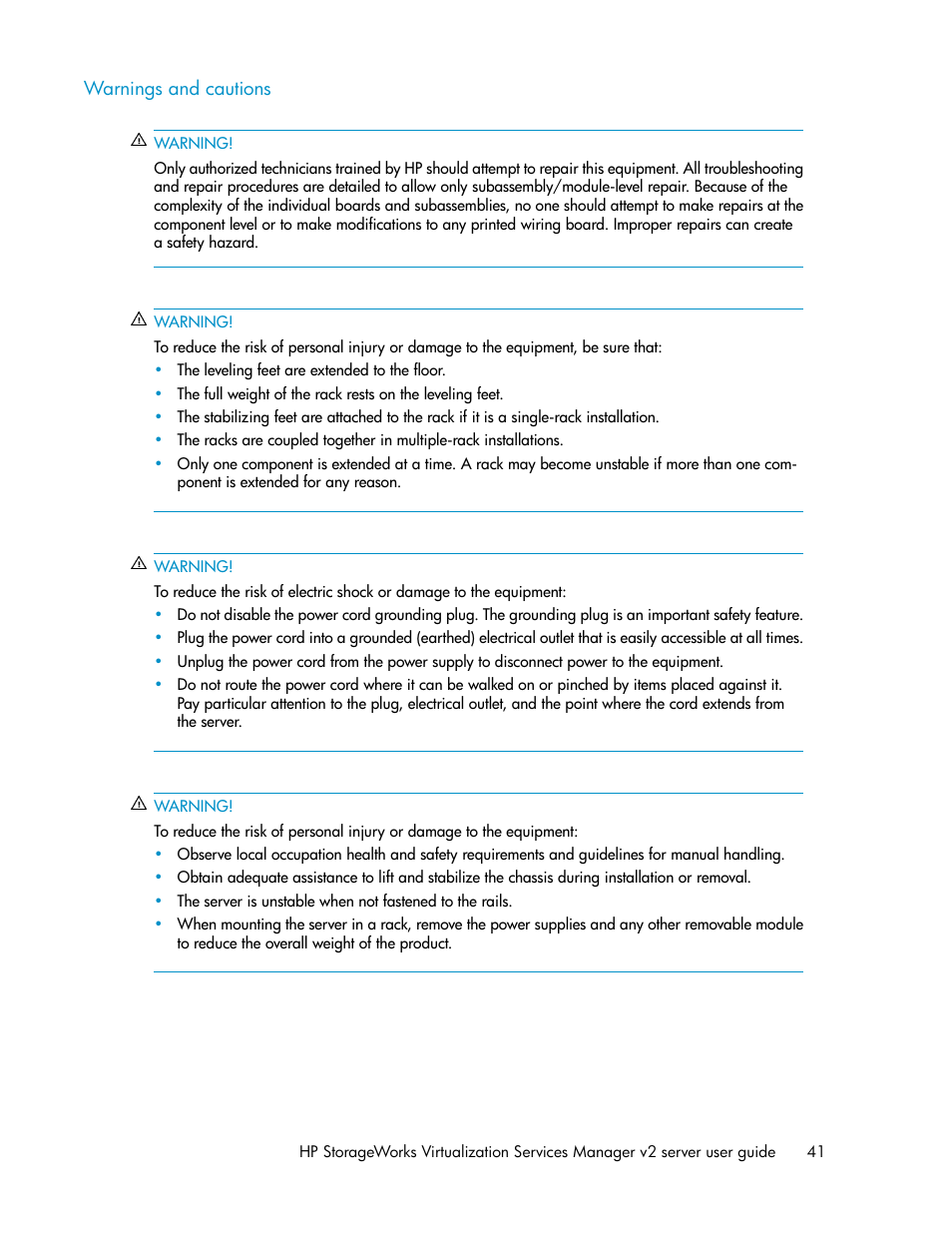 Warnings and cautions | HP SAN Virtualization Services Platform User Manual | Page 41 / 72