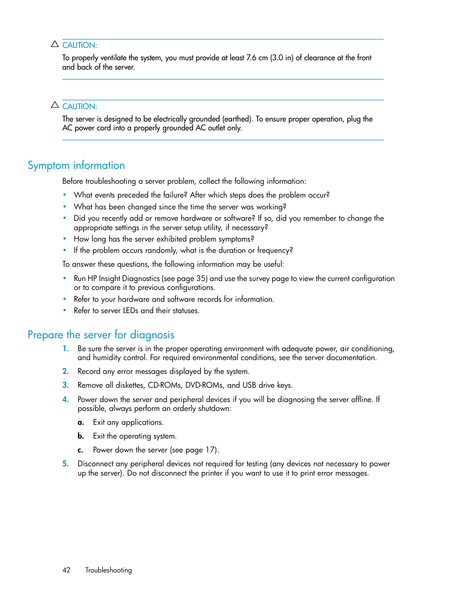 Symptom information, Prepare the server for diagnosis, 42 prepare the server for diagnosis | HP SAN Virtualization Services Platform User Manual | Page 42 / 72