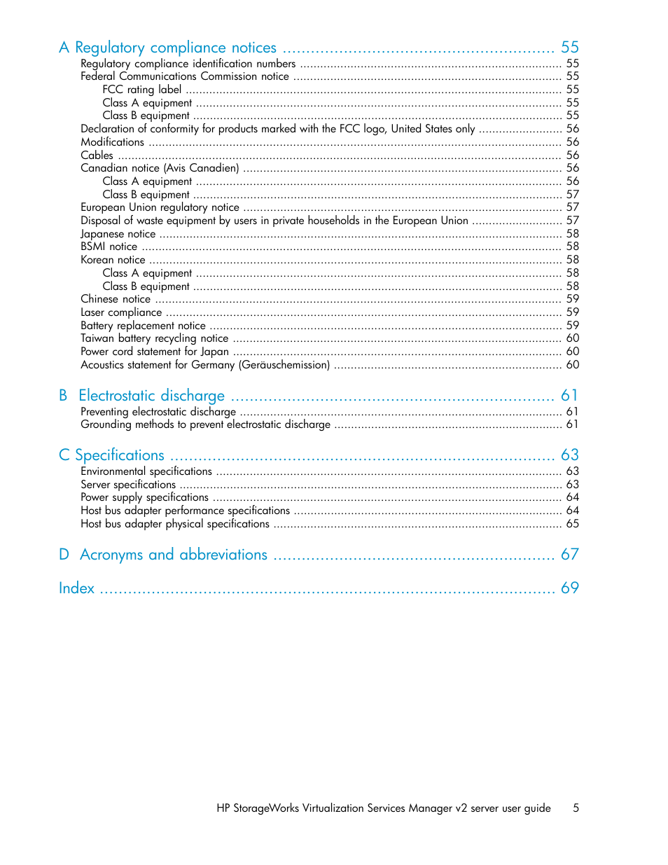 A regulatory compliance notices, B electrostatic discharge, C specifications | D acronyms and abbreviations index | HP SAN Virtualization Services Platform User Manual | Page 5 / 72