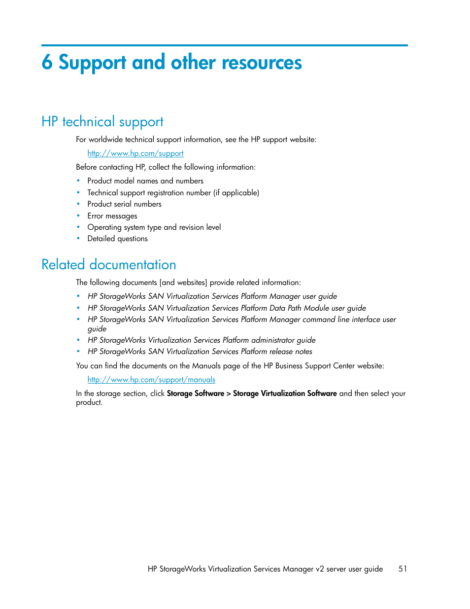 6 support and other resources, Hp technical support, Related documentation | 51 related documentation | HP SAN Virtualization Services Platform User Manual | Page 51 / 72