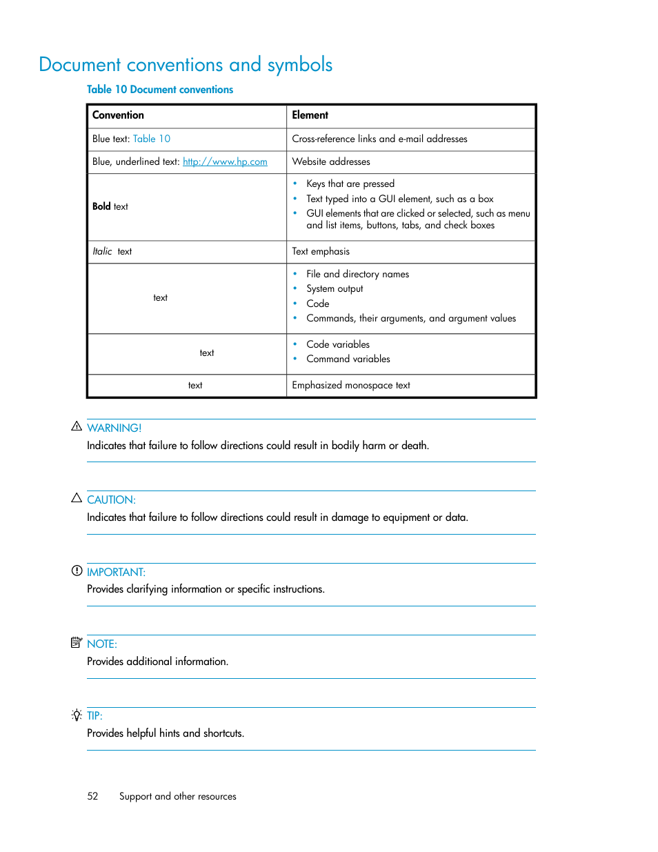 Document conventions and symbols, Document conventions | HP SAN Virtualization Services Platform User Manual | Page 52 / 72