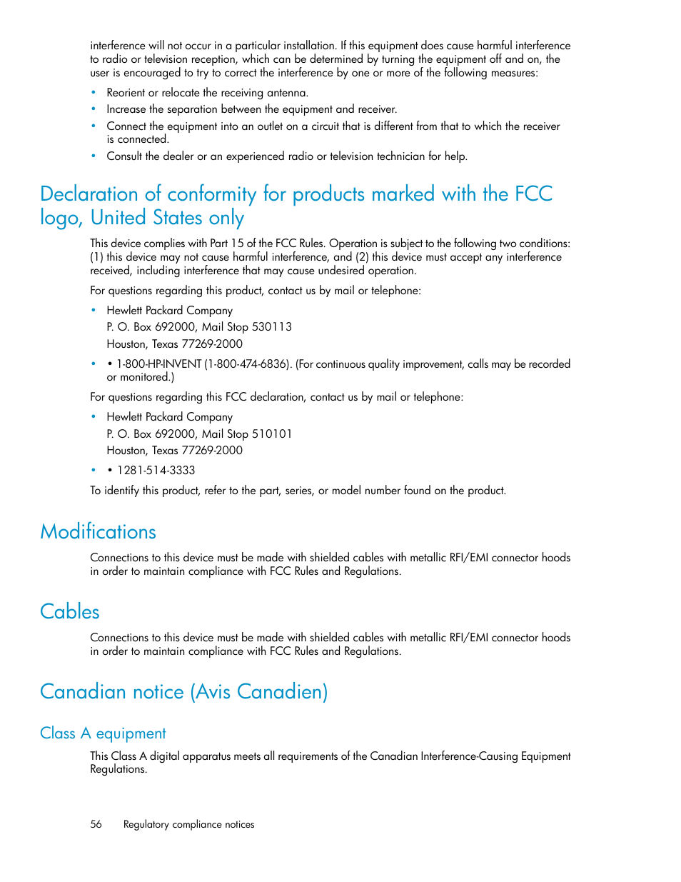 Modifications, Cables, Canadian notice (avis canadien) | Class a equipment, 56 modifications, 56 cables, 56 canadian notice (avis canadien) | HP SAN Virtualization Services Platform User Manual | Page 56 / 72