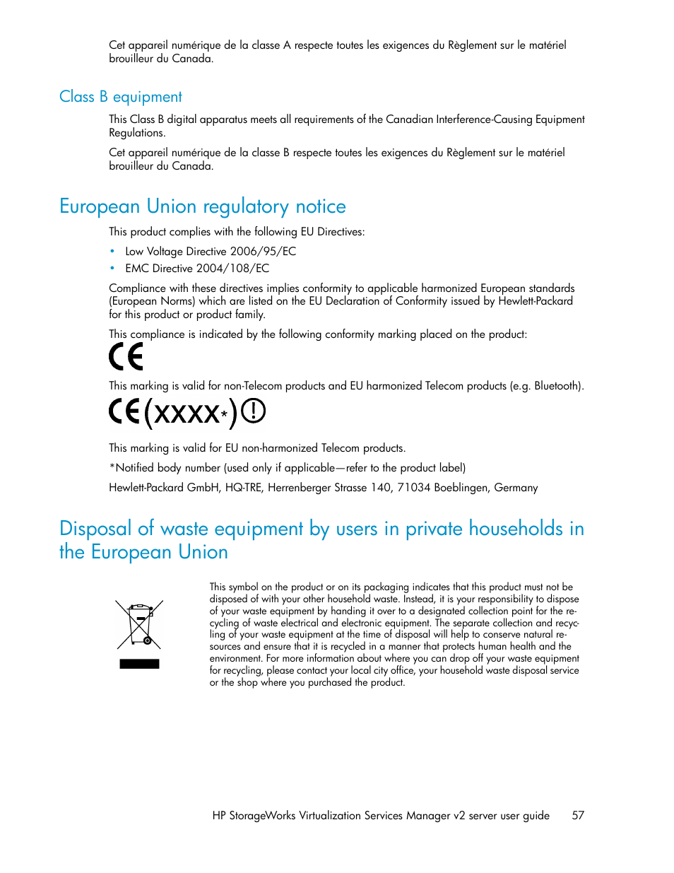 Class b equipment, European union regulatory notice | HP SAN Virtualization Services Platform User Manual | Page 57 / 72