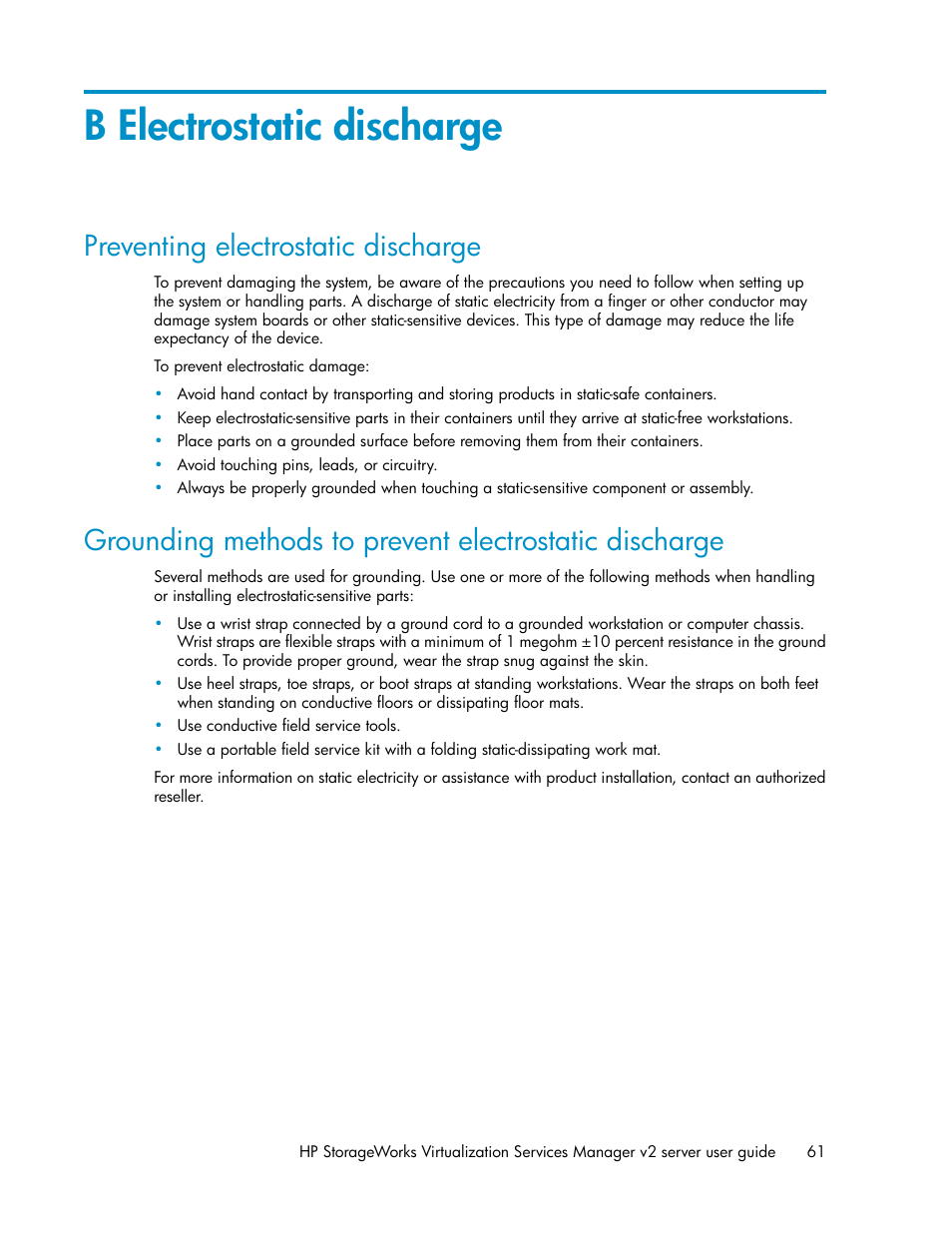 B electrostatic discharge, Preventing electrostatic discharge | HP SAN Virtualization Services Platform User Manual | Page 61 / 72