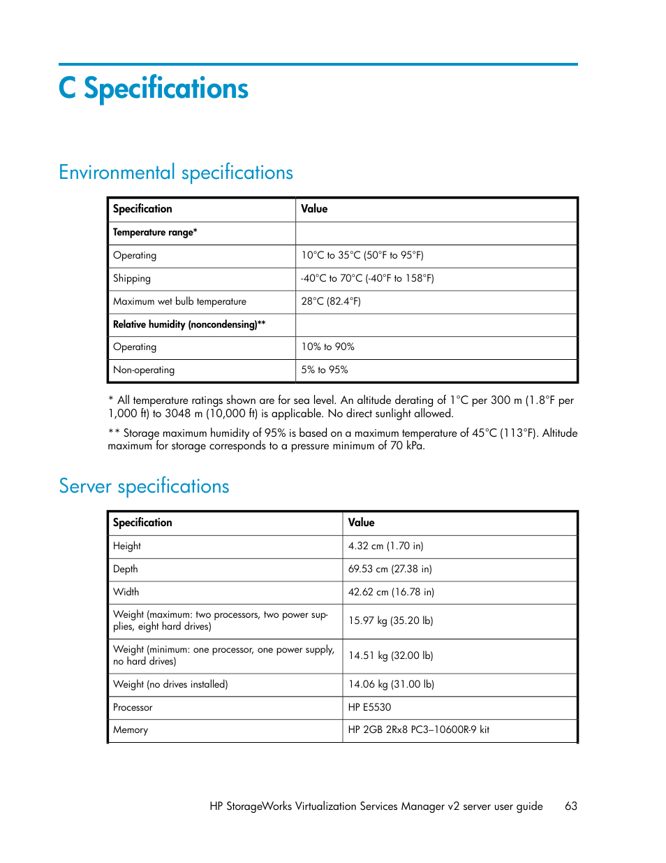 C specifications, Environmental specifications, Server specifications | 63 server specifications | HP SAN Virtualization Services Platform User Manual | Page 63 / 72