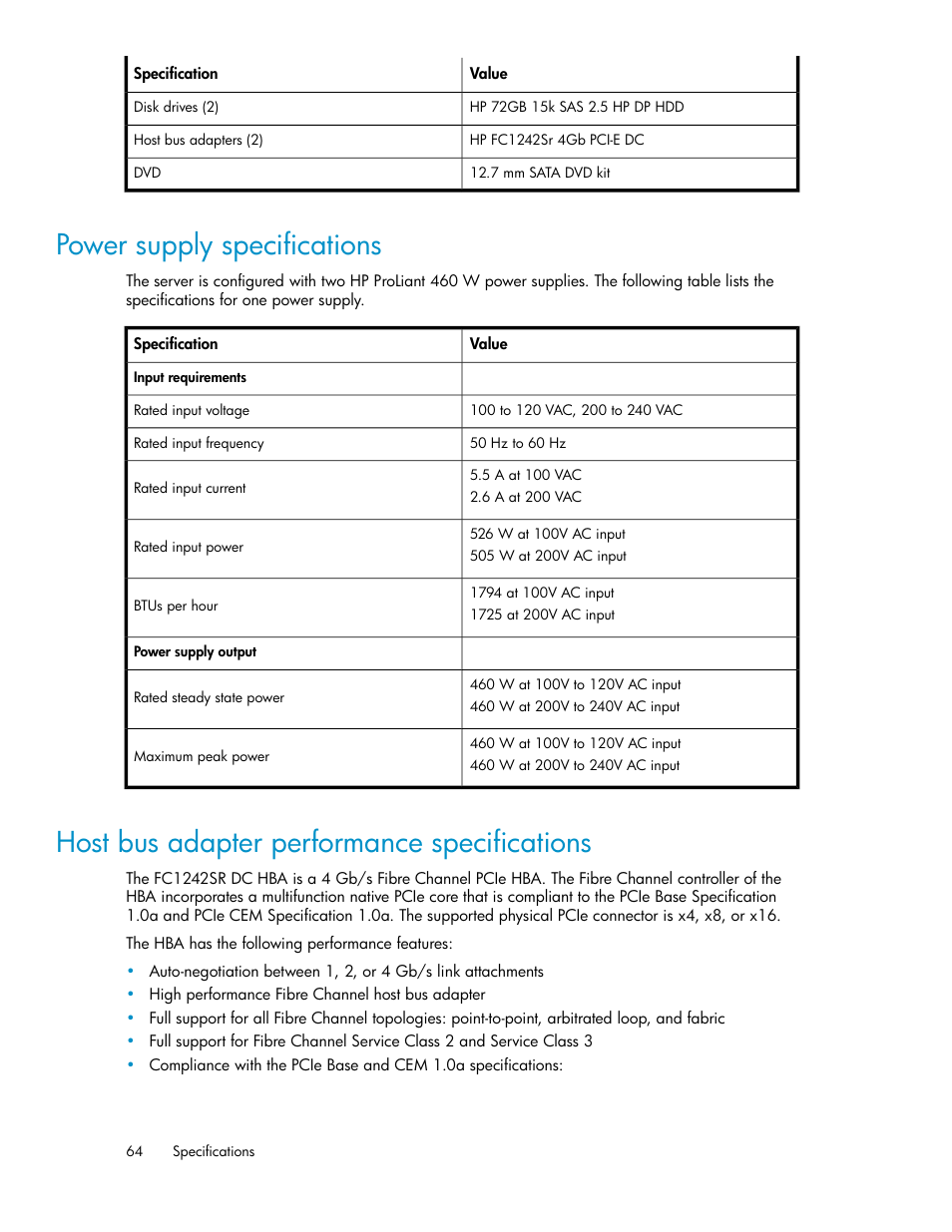 Power supply specifications, Host bus adapter performance specifications, 64 host bus adapter performance specifications | HP SAN Virtualization Services Platform User Manual | Page 64 / 72