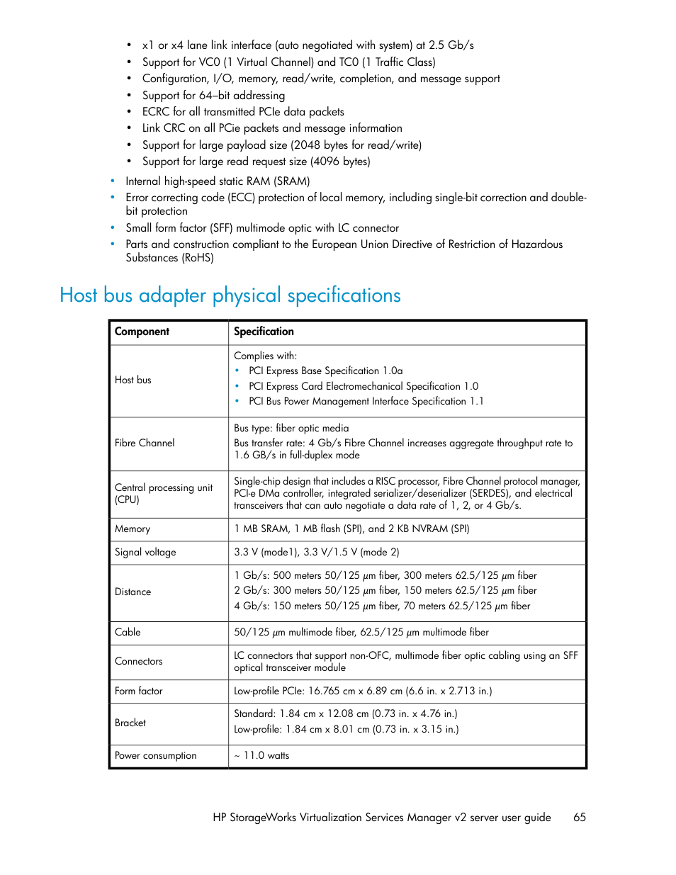 Host bus adapter physical specifications | HP SAN Virtualization Services Platform User Manual | Page 65 / 72