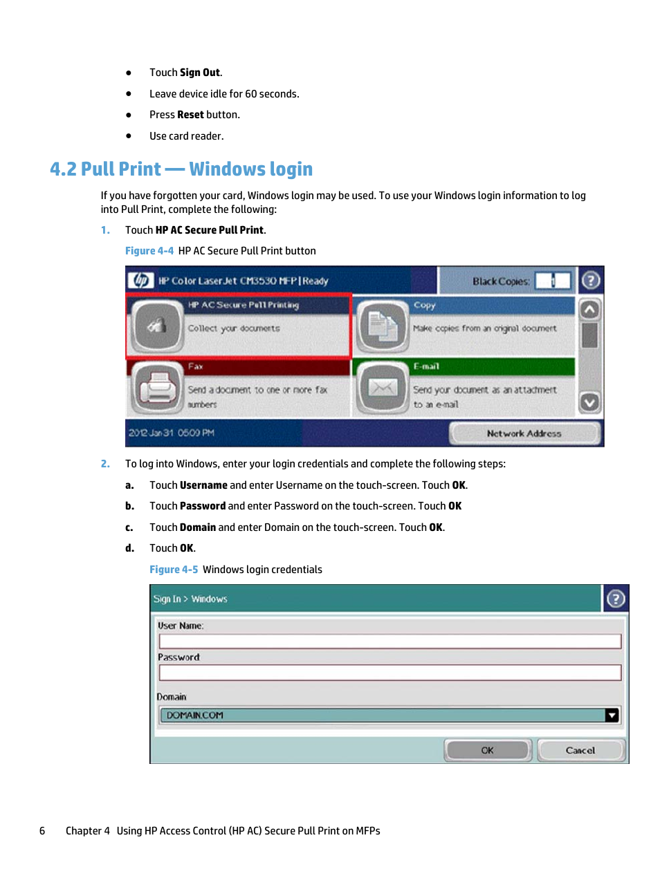 Pull print — windows login, 2 pull print — windows login, Figure 4-4 hp ac secure pull print button | Figure 4-5 windows login credentials | HP Access Control User Manual | Page 10 / 18