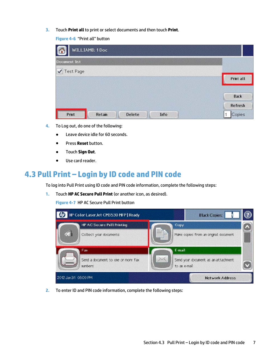 Pull print – login by id code and pin code, 3 pull print – login by id code and pin code, Figure 4-6 “print all” button | Figure 4-7 hp ac secure pull print button | HP Access Control User Manual | Page 11 / 18