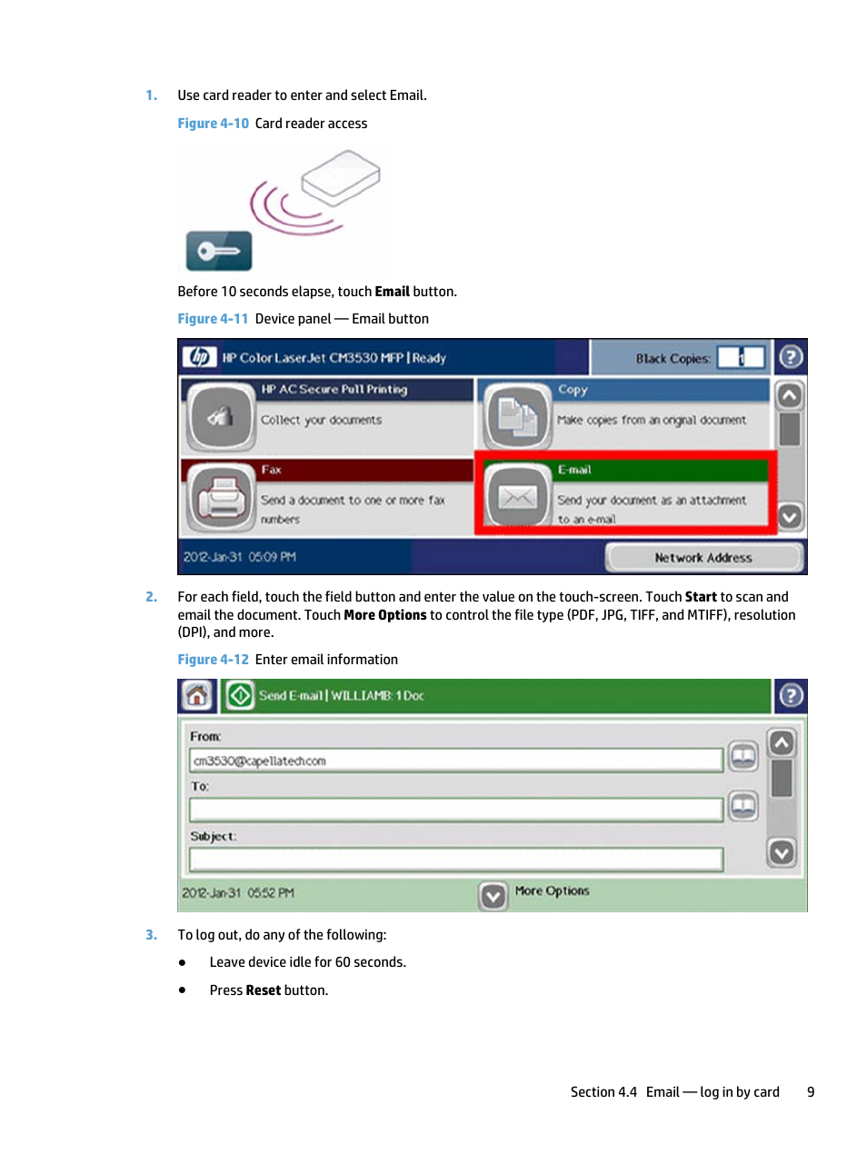 Figure 4-10 card reader access, Figure 4-11 device panel — email button, Figure 4-12 enter email information | HP Access Control User Manual | Page 13 / 18