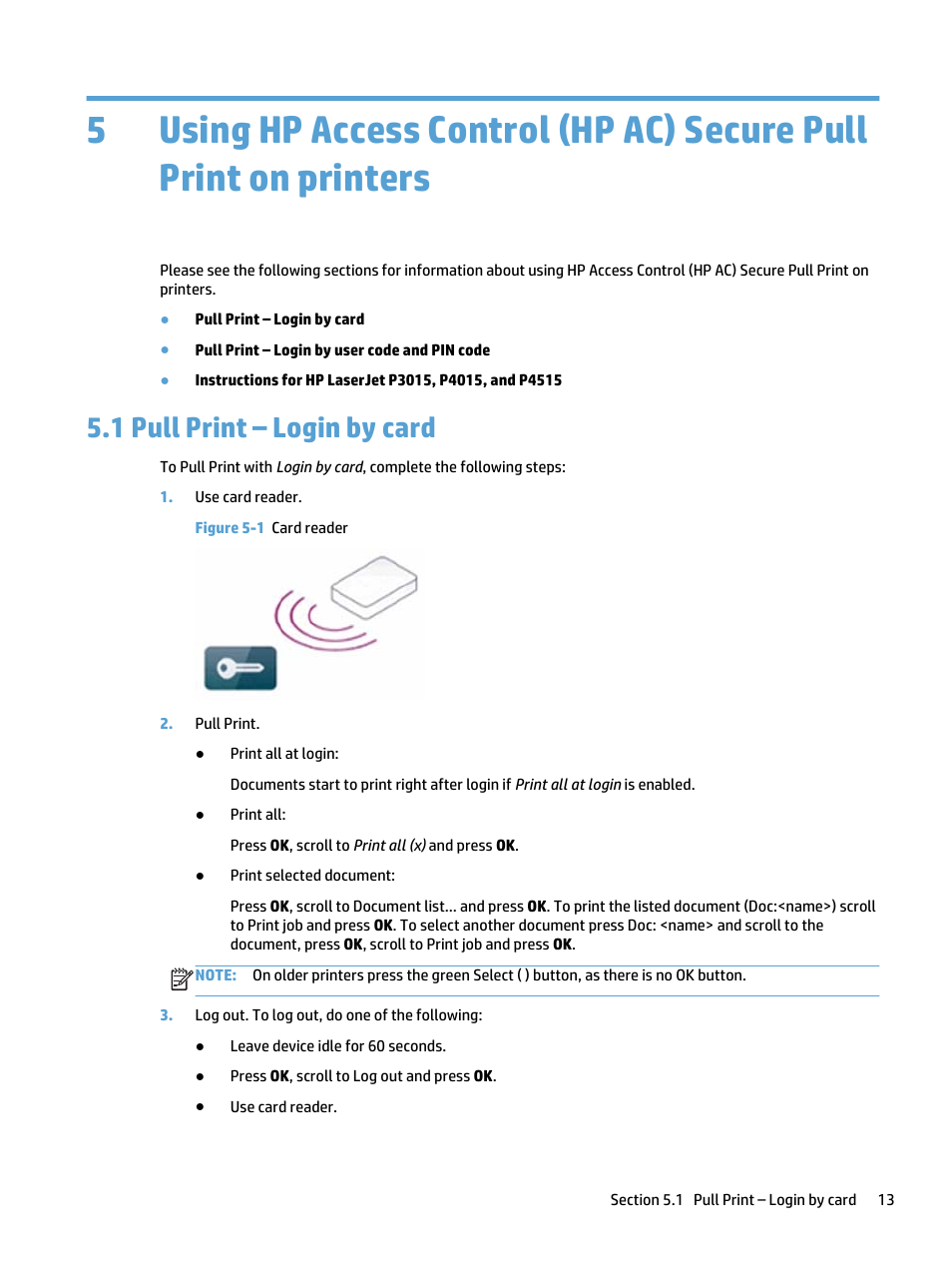 Pull print – login by card, 1 pull print – login by card, Figure 5-1 card reader | HP Access Control User Manual | Page 17 / 18