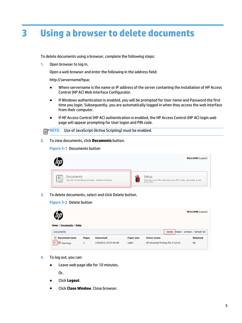 Using a browser to delete documents, 3 using a browser to delete documents, Figure 3-1 documents button | Figure 3-2 delete button, 3using a browser to delete documents | HP Access Control User Manual | Page 7 / 18