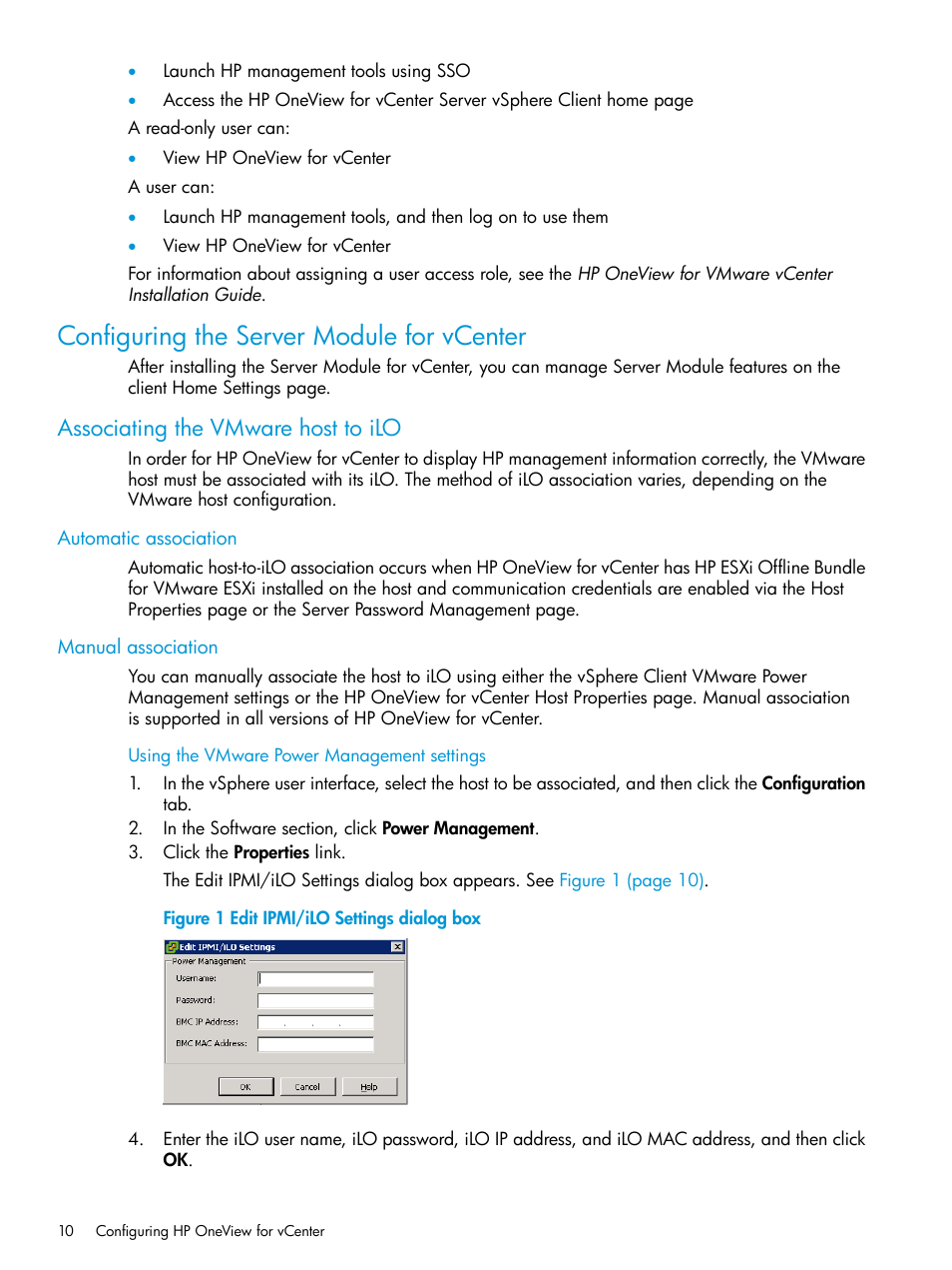 Configuring the server module for vcenter, Associating the vmware host to ilo, Automatic association | Manual association, Automatic association manual association | HP OneView for VMware vCenter User Manual | Page 10 / 157