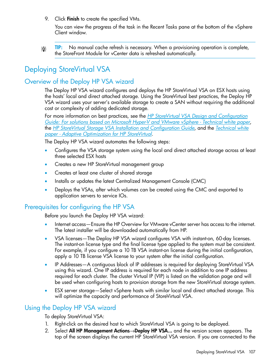 Deploying storevirtual vsa, Overview of the deploy hp vsa wizard, Prerequisites for configuring the hp vsa | Using the deploy hp vsa wizard | HP OneView for VMware vCenter User Manual | Page 107 / 157