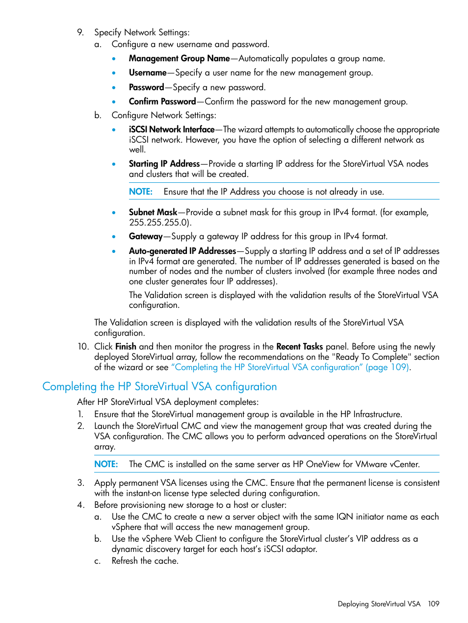 Completing the hp storevirtual vsa configuration | HP OneView for VMware vCenter User Manual | Page 109 / 157