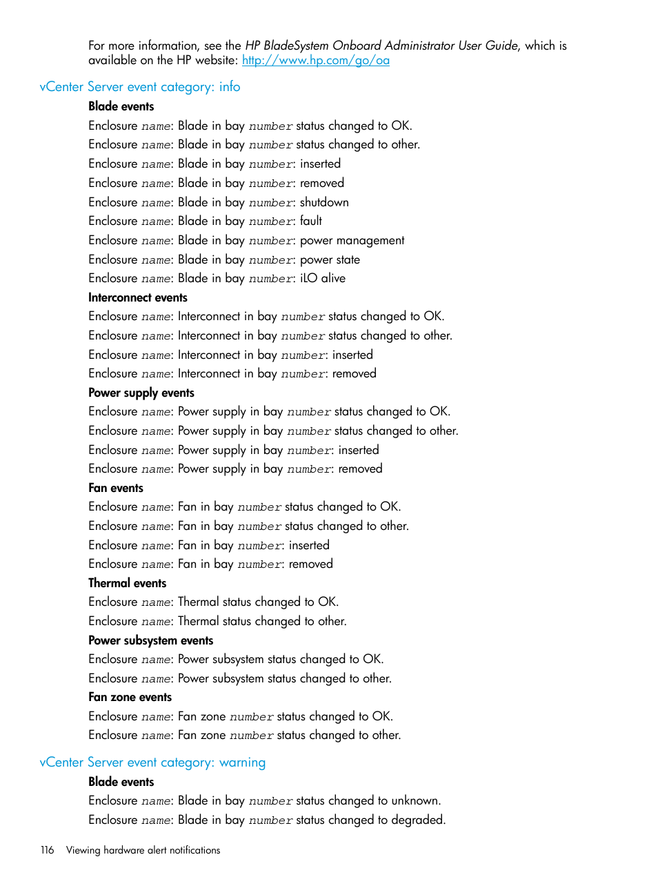 Vcenter server event category: info, Vcenter server event category: warning | HP OneView for VMware vCenter User Manual | Page 116 / 157