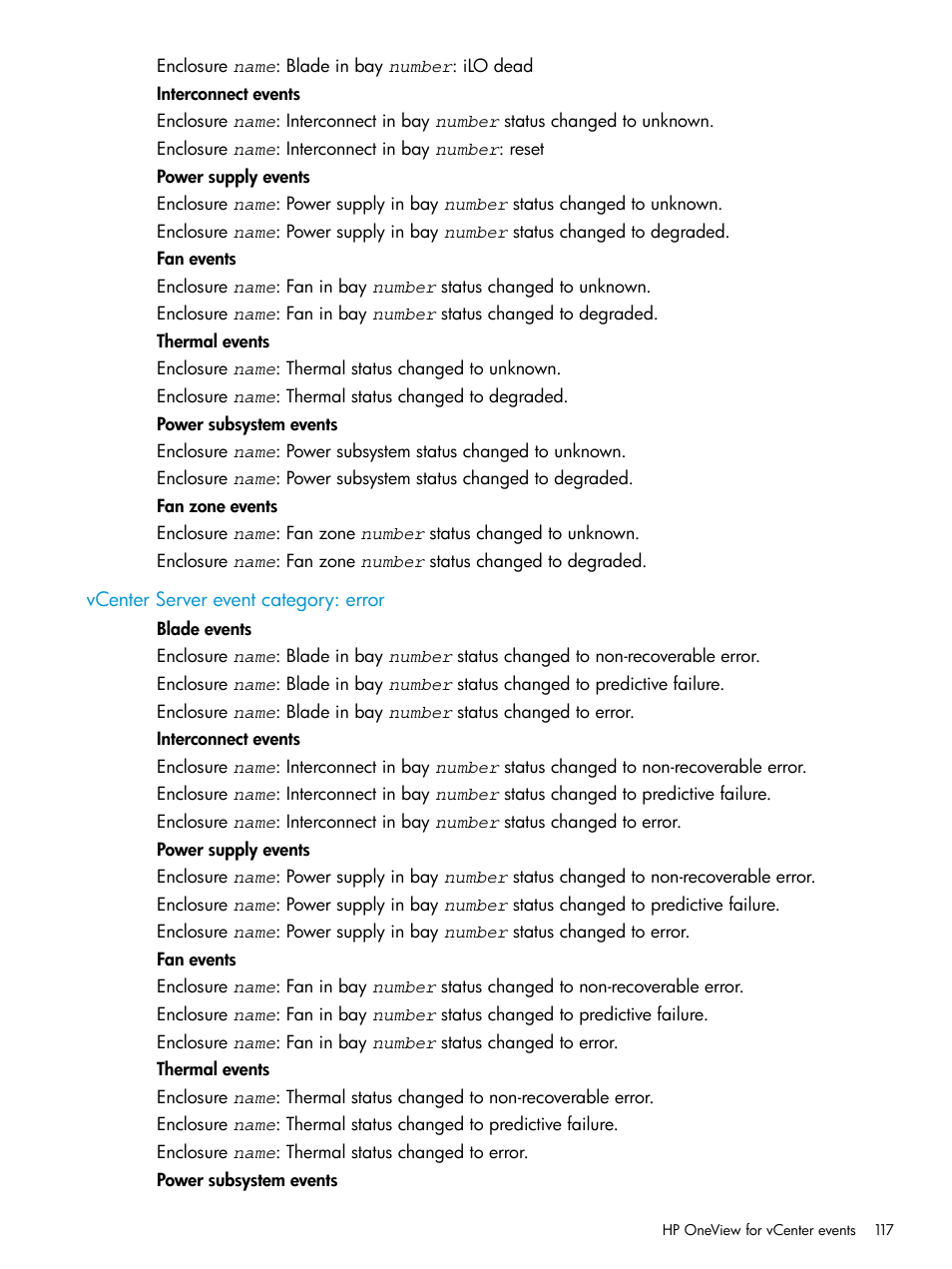 Vcenter server event category: error | HP OneView for VMware vCenter User Manual | Page 117 / 157