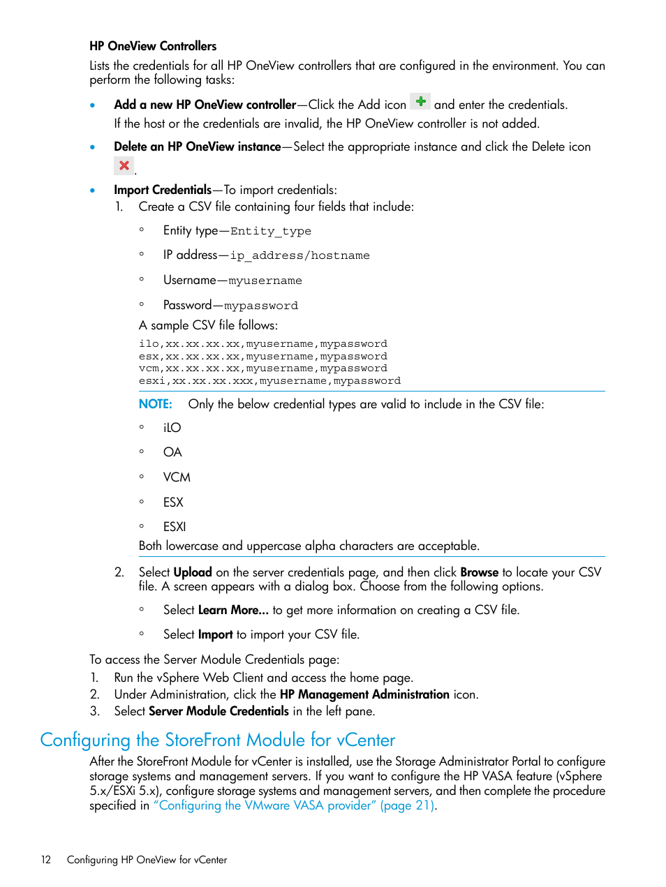 Configuring the storefront module for vcenter | HP OneView for VMware vCenter User Manual | Page 12 / 157