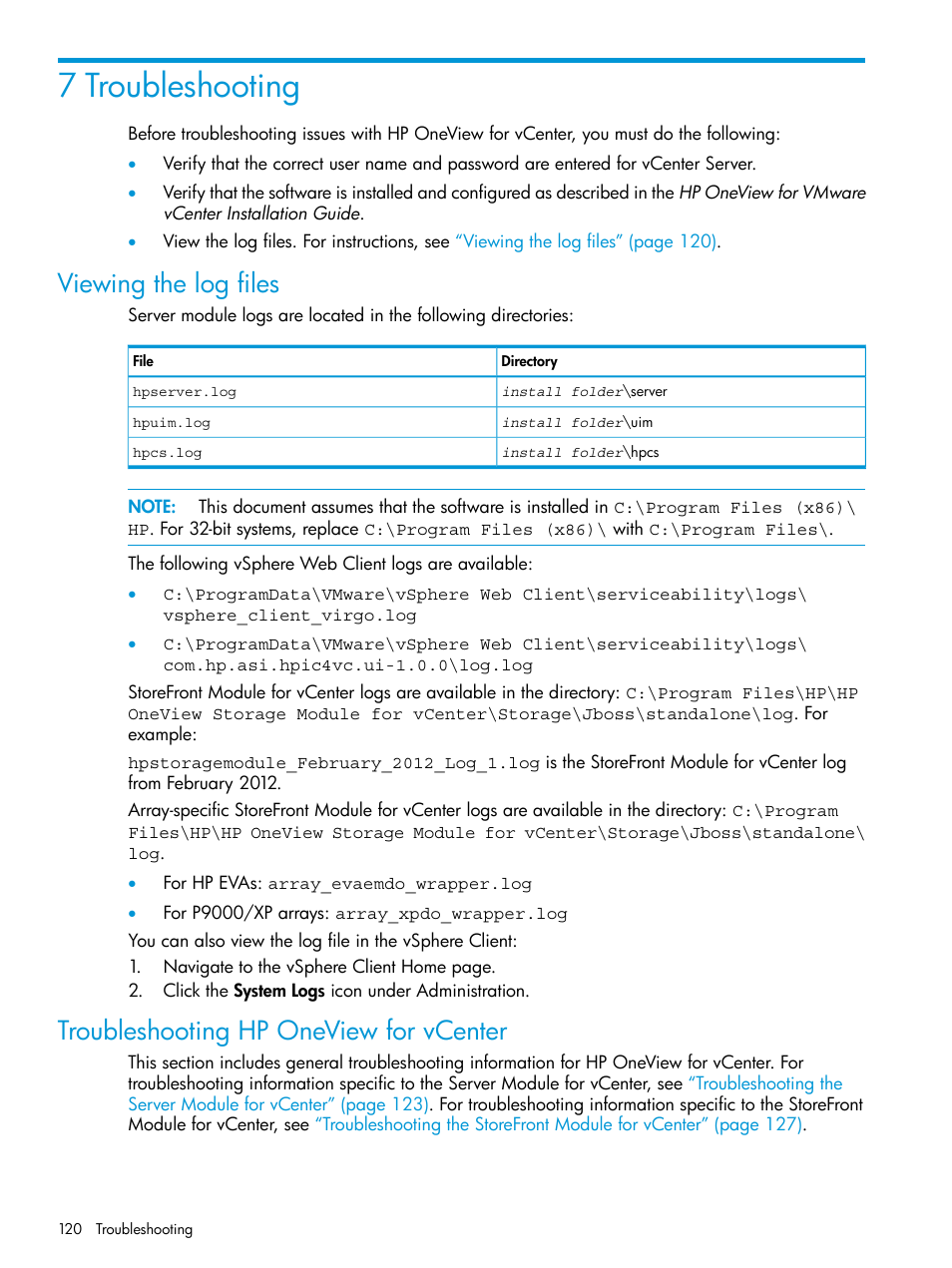 7 troubleshooting, Viewing the log files, Troubleshooting hp oneview for vcenter | HP OneView for VMware vCenter User Manual | Page 120 / 157