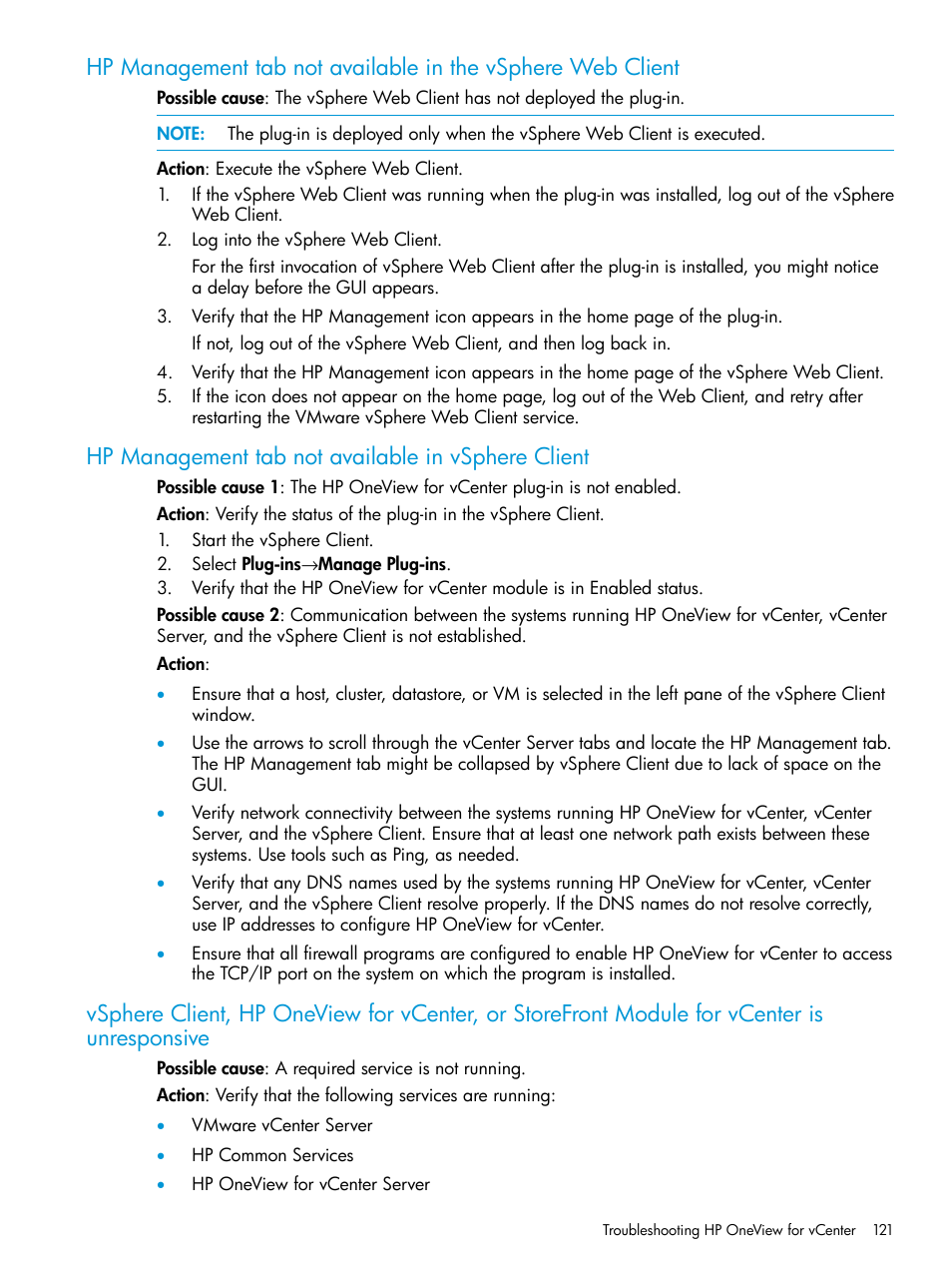 Hp management tab not available in vsphere client | HP OneView for VMware vCenter User Manual | Page 121 / 157