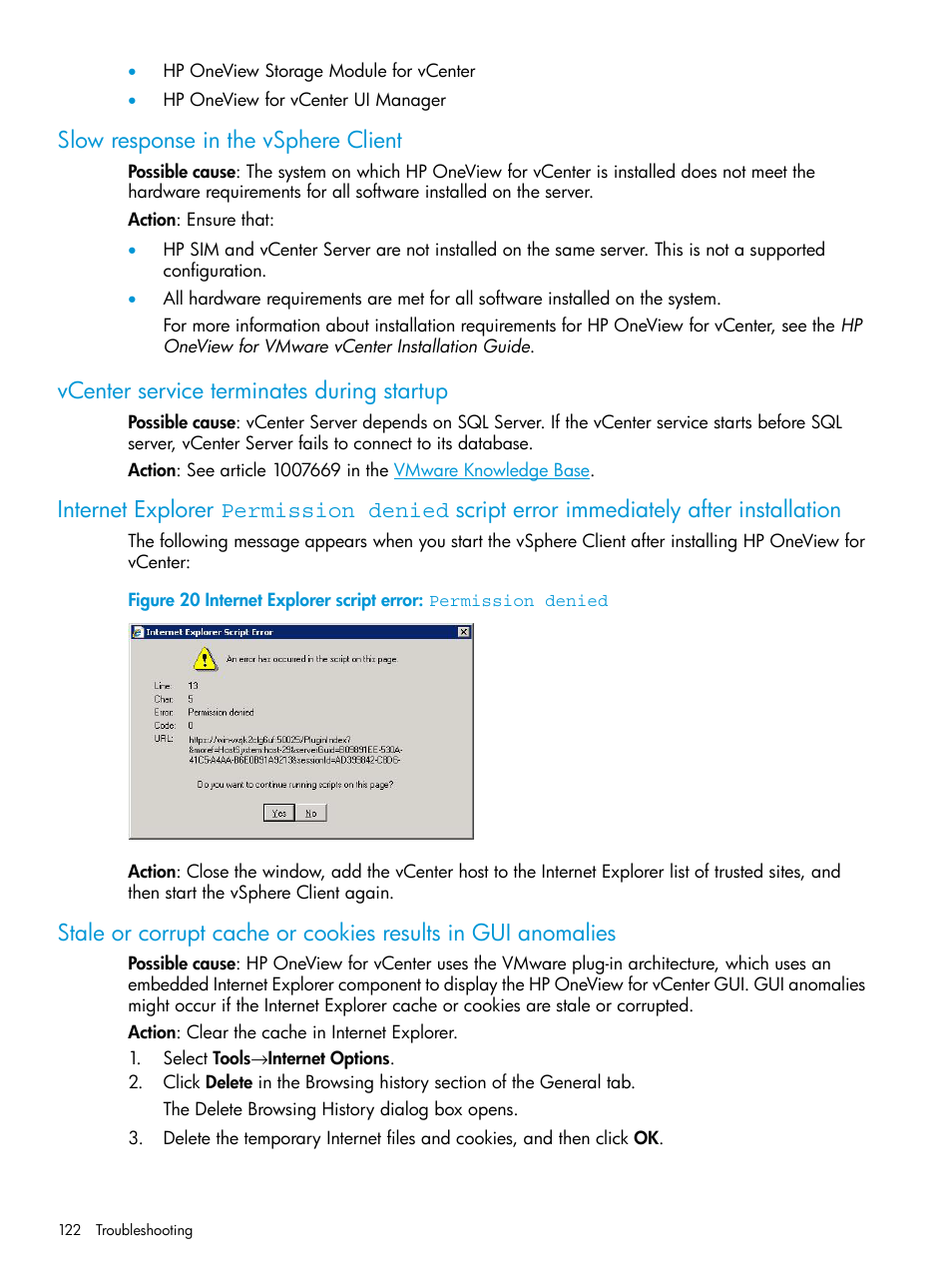 Slow response in the vsphere client, Vcenter service terminates during startup | HP OneView for VMware vCenter User Manual | Page 122 / 157