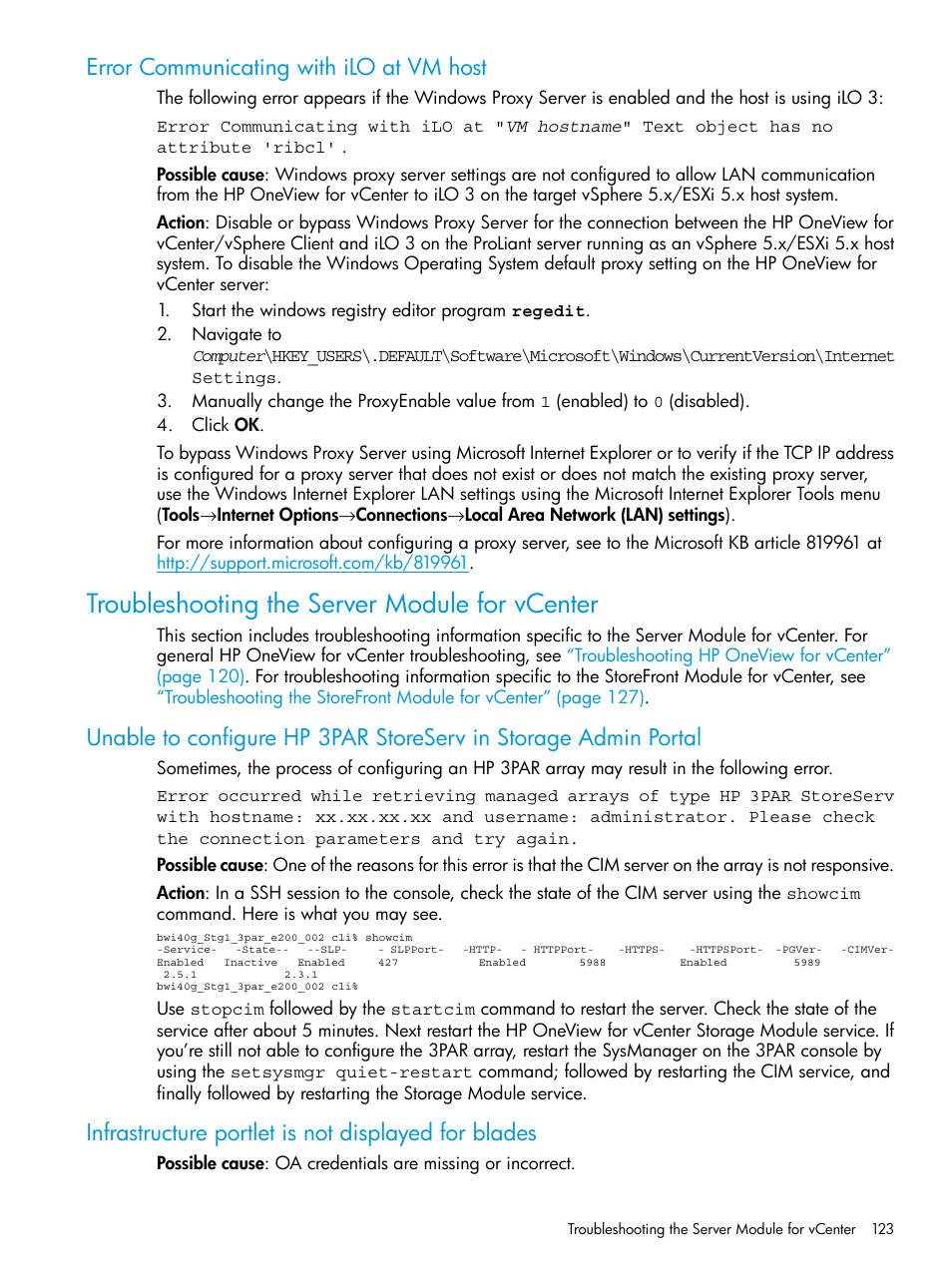 Error communicating with ilo at vm host, Troubleshooting the server module for vcenter, Infrastructure portlet is not displayed for blades | Troubleshooting the | HP OneView for VMware vCenter User Manual | Page 123 / 157