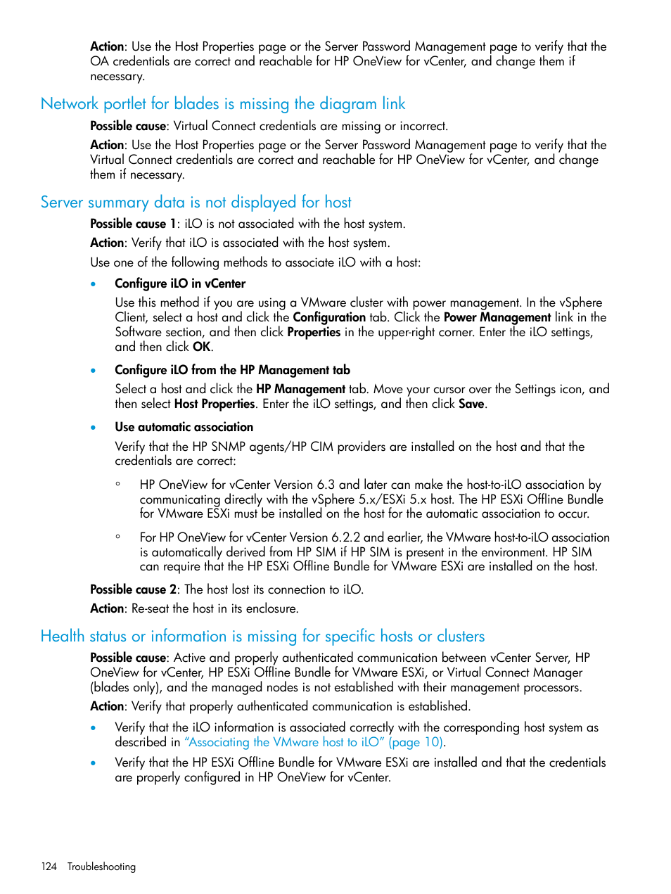 Server summary data is not displayed for host | HP OneView for VMware vCenter User Manual | Page 124 / 157