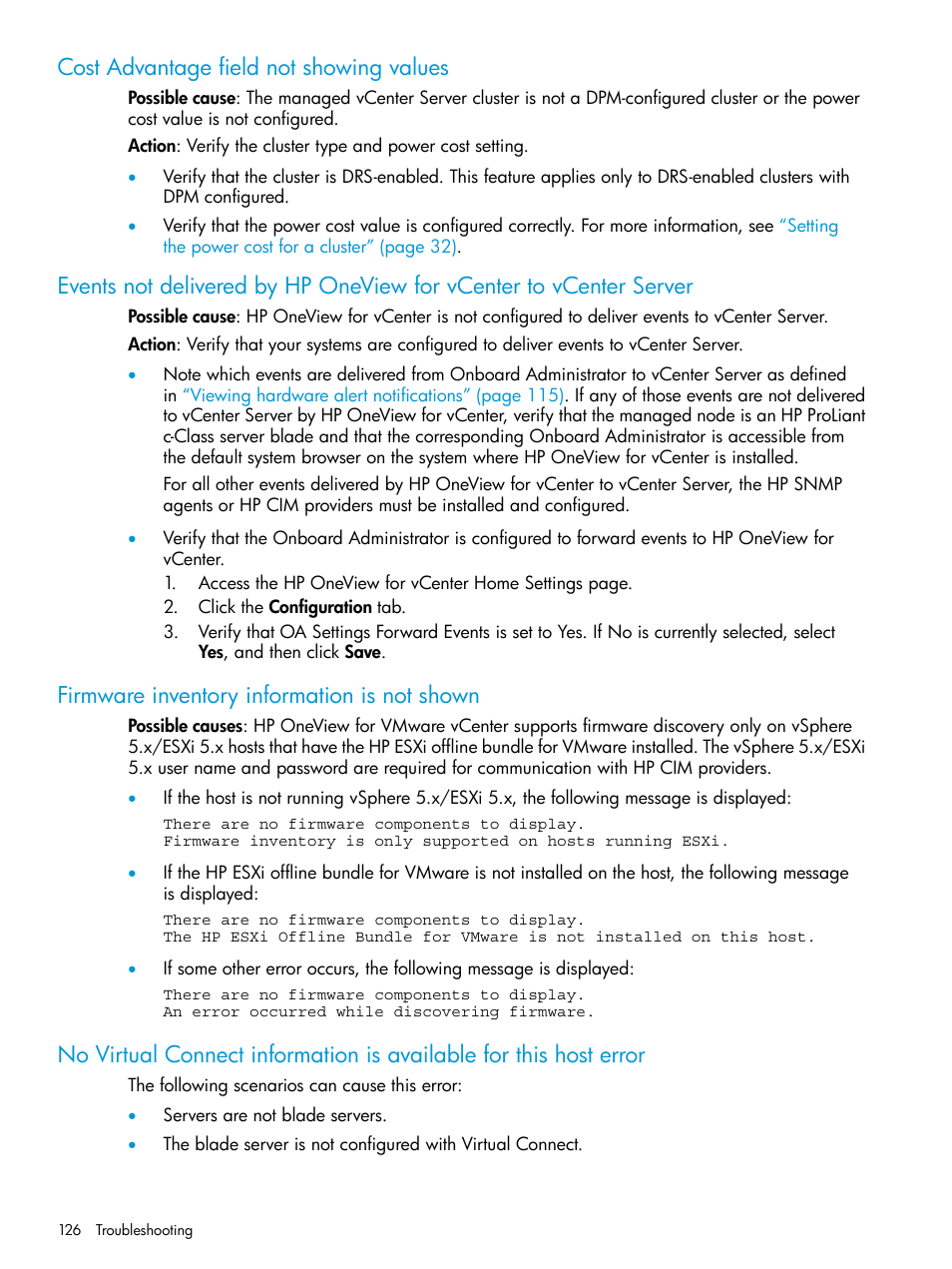 Cost advantage field not showing values, Firmware inventory information is not shown | HP OneView for VMware vCenter User Manual | Page 126 / 157