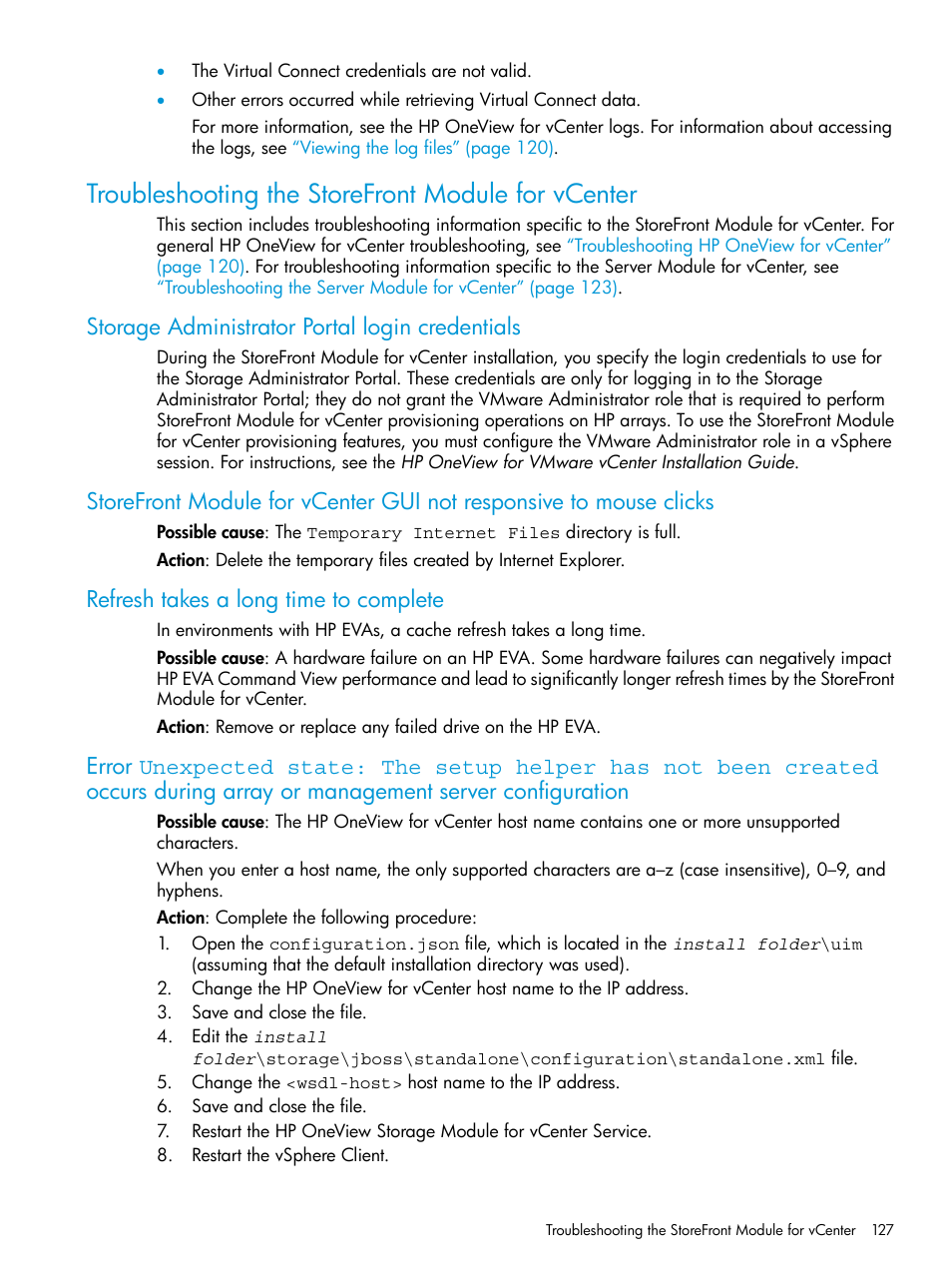 Troubleshooting the storefront module for vcenter, Storage administrator portal login credentials, Refresh takes a long time to complete | HP OneView for VMware vCenter User Manual | Page 127 / 157