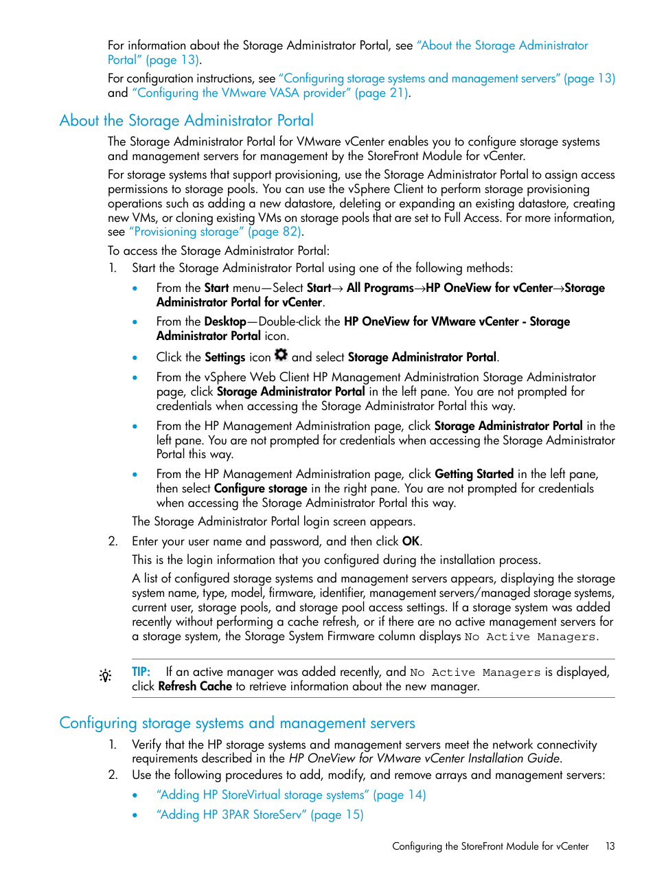 About the storage administrator portal, Configuring storage systems and management servers | HP OneView for VMware vCenter User Manual | Page 13 / 157