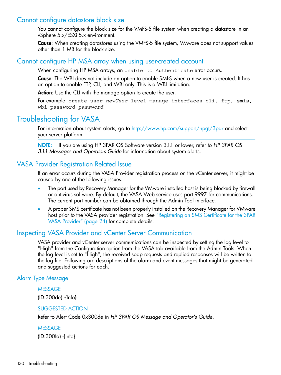 Cannot configure datastore block size, Troubleshooting for vasa, Vasa provider registration related issue | Alarm type message | HP OneView for VMware vCenter User Manual | Page 130 / 157