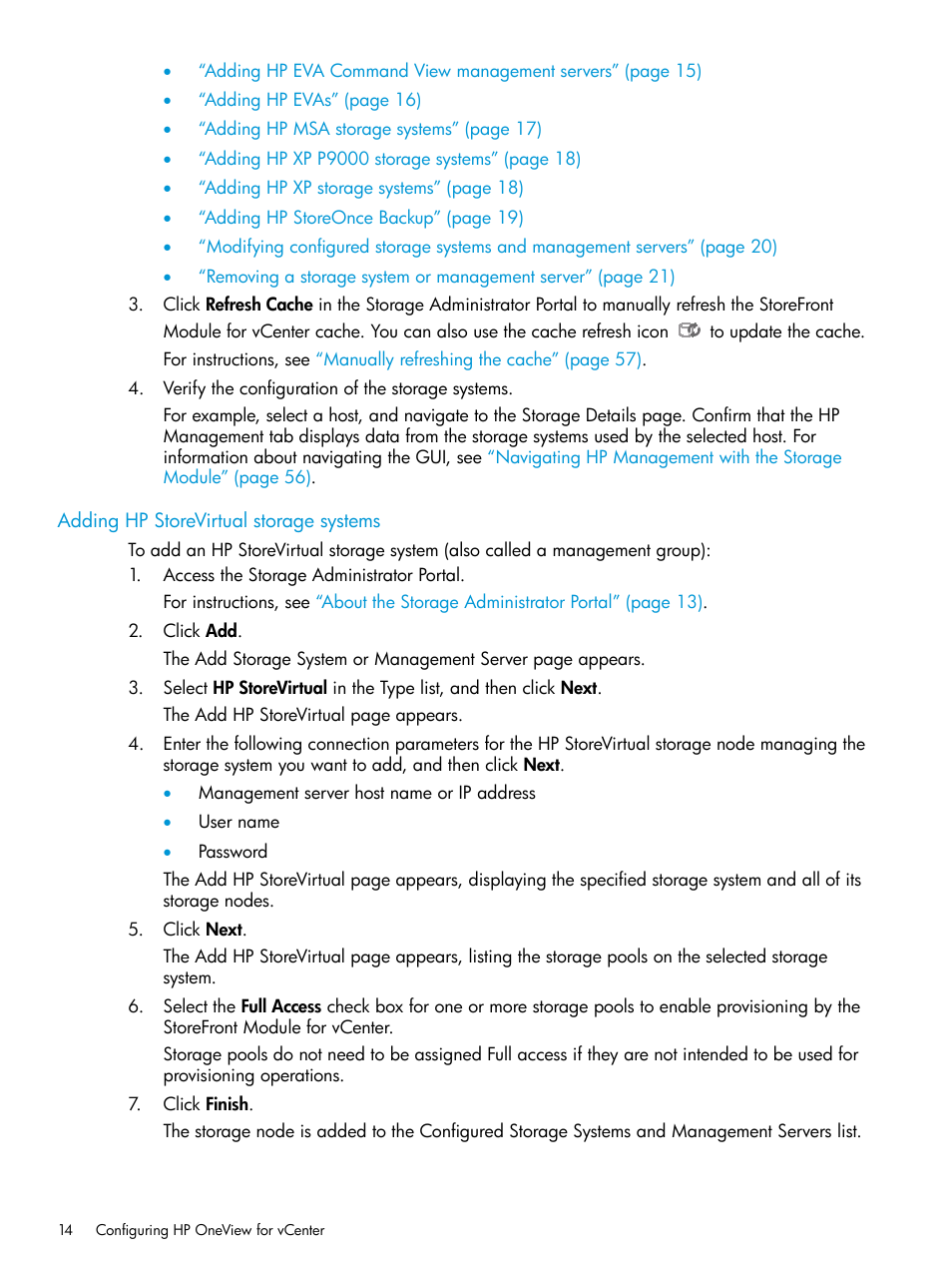 Adding hp storevirtual storage systems | HP OneView for VMware vCenter User Manual | Page 14 / 157