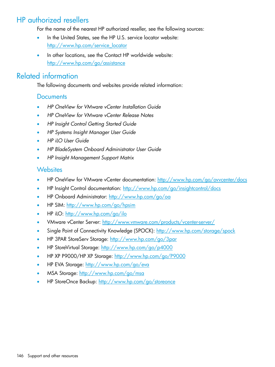 Hp authorized resellers, Related information, Hp authorized resellers related information | Documents, Websites | HP OneView for VMware vCenter User Manual | Page 146 / 157