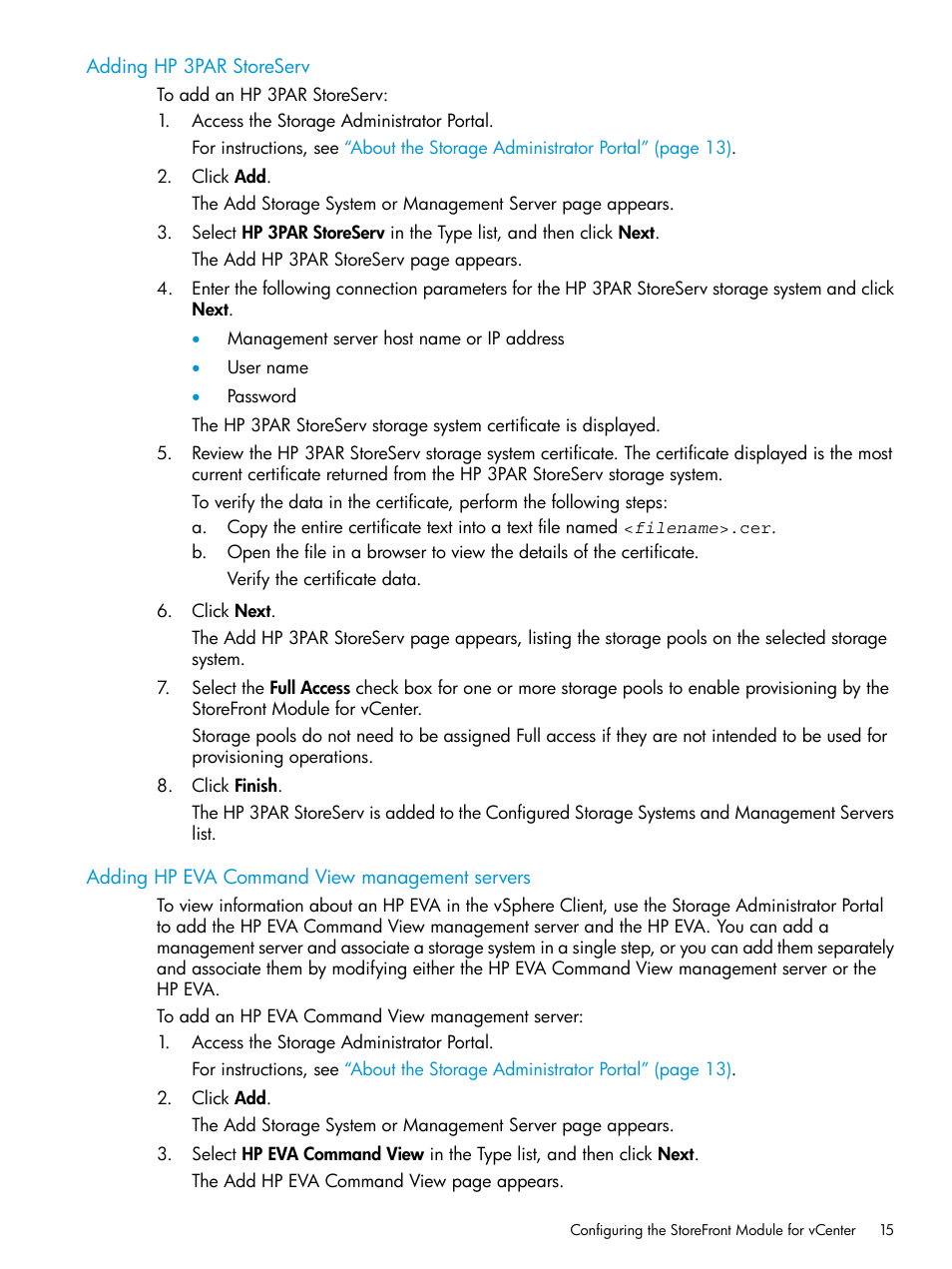 Adding hp 3par storeserv, Adding hp eva command view management servers | HP OneView for VMware vCenter User Manual | Page 15 / 157