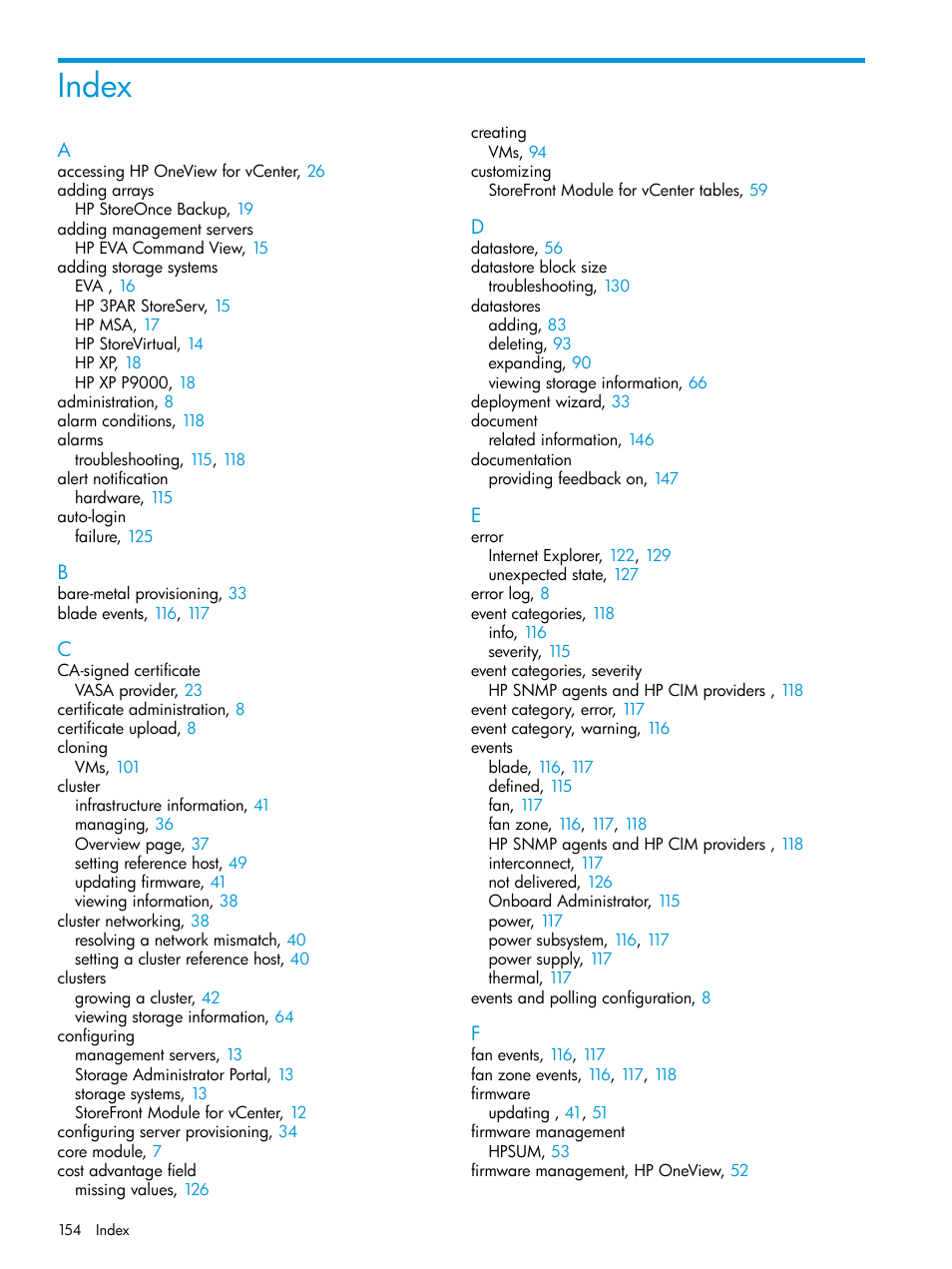 Index | HP OneView for VMware vCenter User Manual | Page 154 / 157